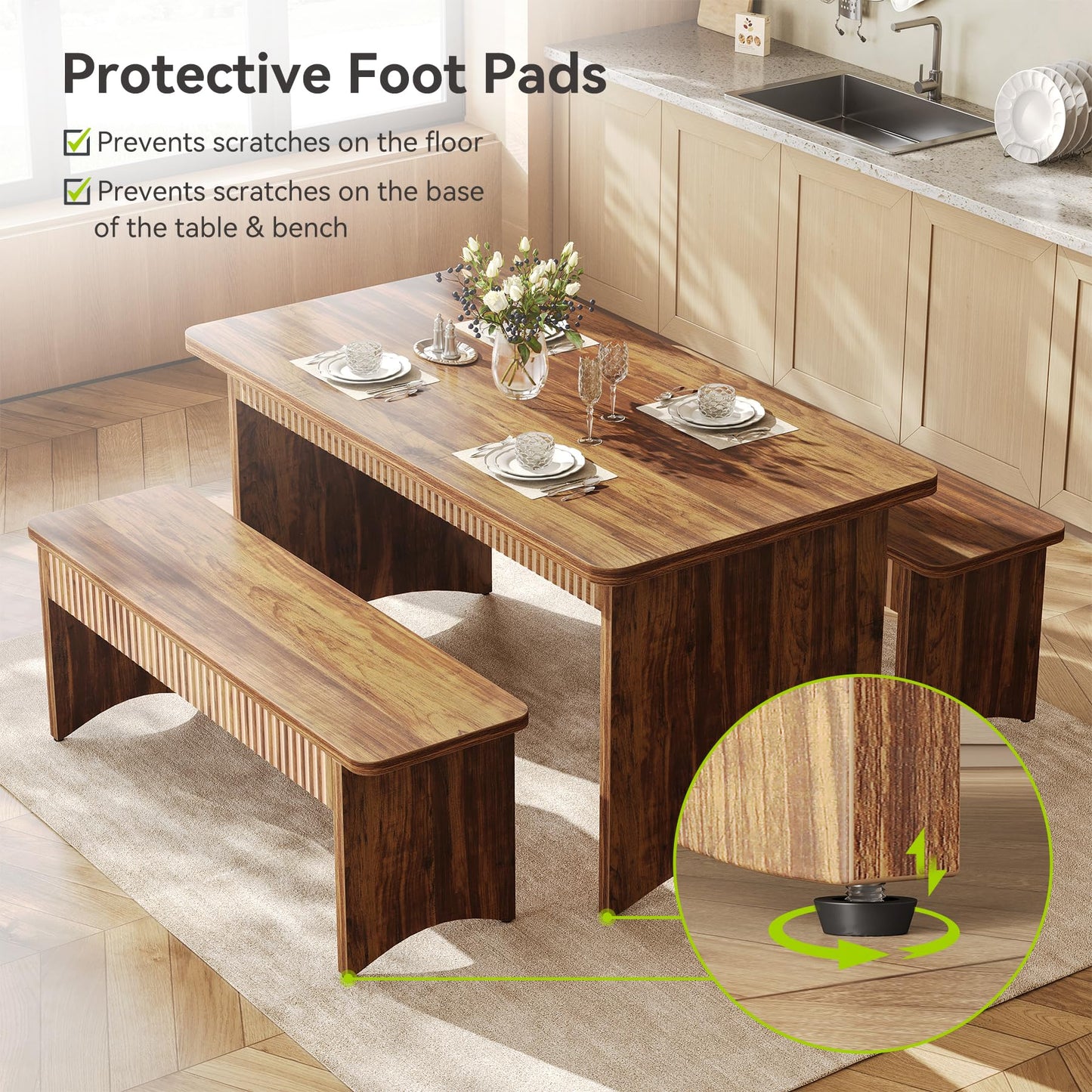 LITTLE TREE 55" Dining Table with 2 Benches, Dining Table Set for 4-6 People, Farmhouse Kitchen Table with Bench, Dining Room Table Set
