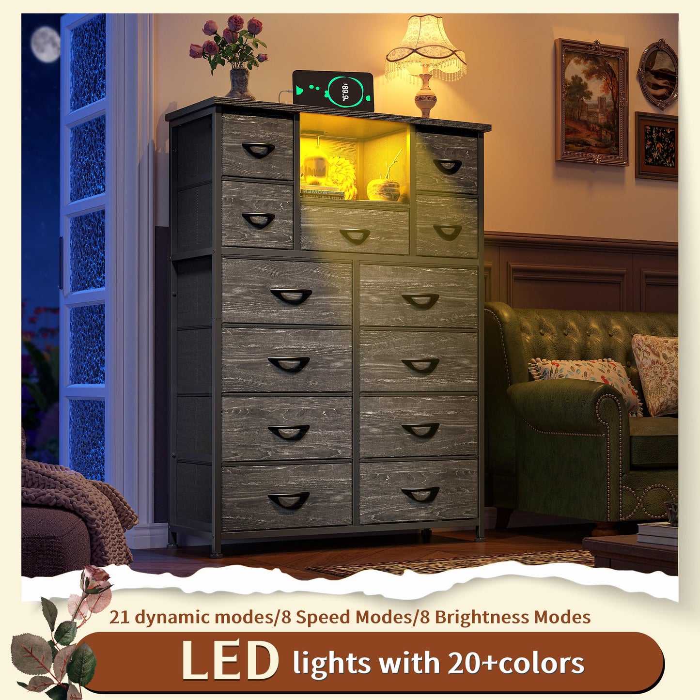Romorgniz 13 Drawer Dresser for Bedrom,Tall Black Chest of Drawers for Bedroom with Led Light and 4 Charging Ports,Hallway, Closet, Entryway,11.8" D x 35.4" W x 47.3" H