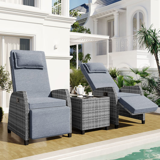 CHSICFOR Outdoor Rattan Patio Recliner Chairs, 2-Person Chairs with Coffee Table, Adjustable Backrest for Courtyard, Swimming Pool, Balcony (Grey)