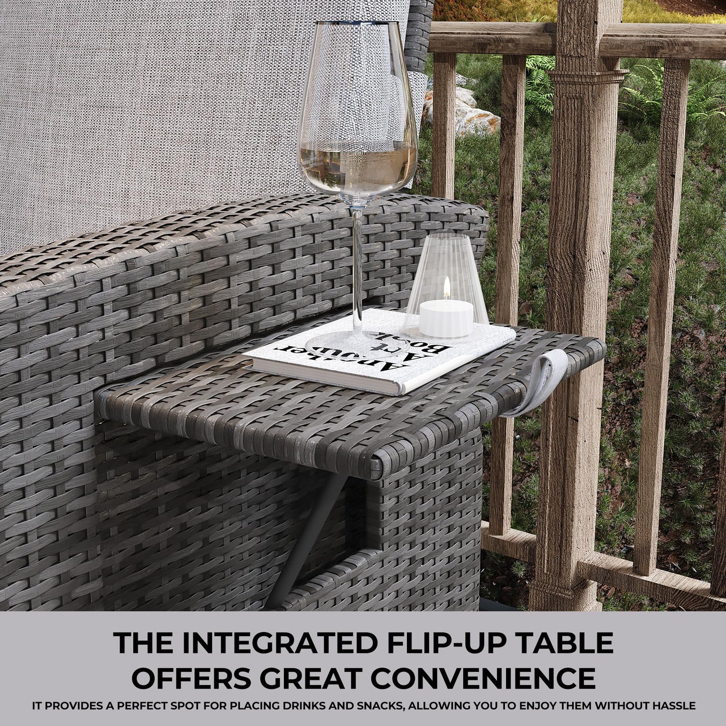 Outdoor Recliner with Independently Adjustable Backrest and Footrest, Patio Wicker Recliner Chair, All-Weather PE Wicker Patio Reclining Lounge Chair with Flip-Up Table Air Pump 155° Lay Flat