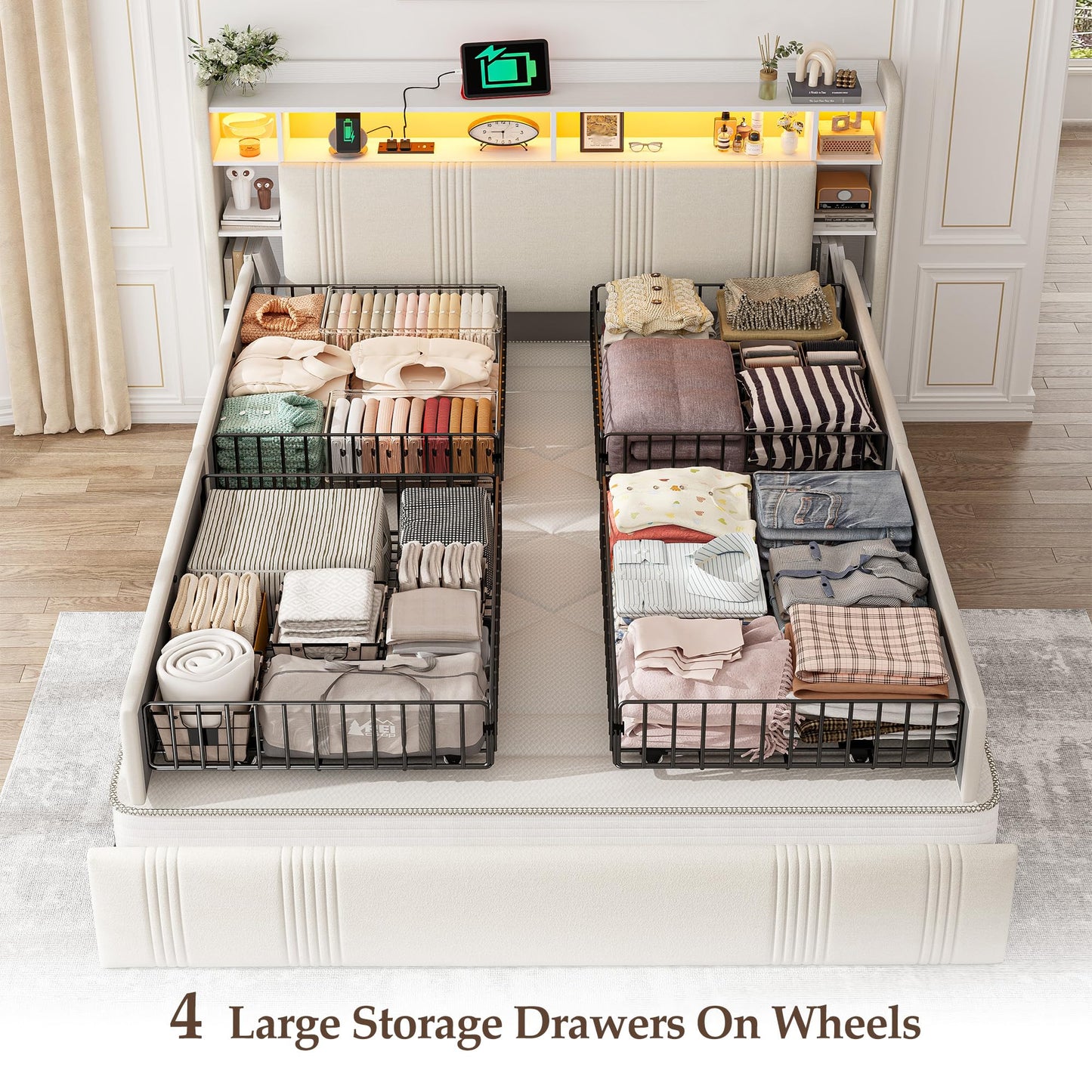 EnHomee Queen Bed Frame with 4 Storage Drawers and Headboard Shelf Upholstered Bed Frame Queen Size with LED & Charging Station, Noise Free No Box Spring Needed, Beige