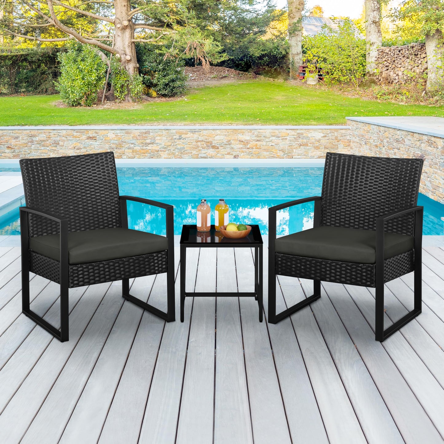 Yaheetech 3 Pieces Rattan Bistro Set, Indoor/Outdoor Wicker Patio Modern Conversation Furniture, 2 Chairs & Tempered Glass Coffee Table for Garden, Balcony, Backyard, Poolside, Black/Gray