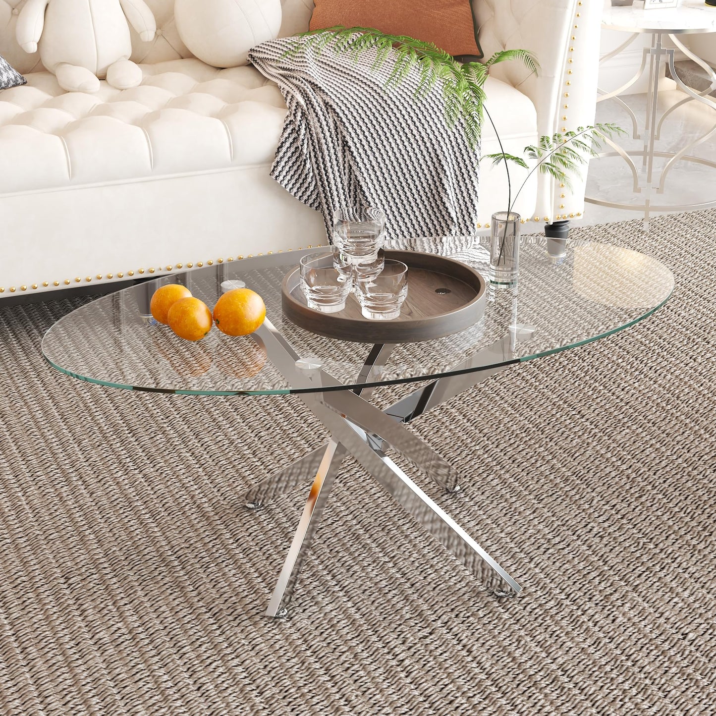 NIERN Glass Coffee Table with Chromed Legs, Oval Modern Living Room Center Table for Home Office Living Room (Silver)
