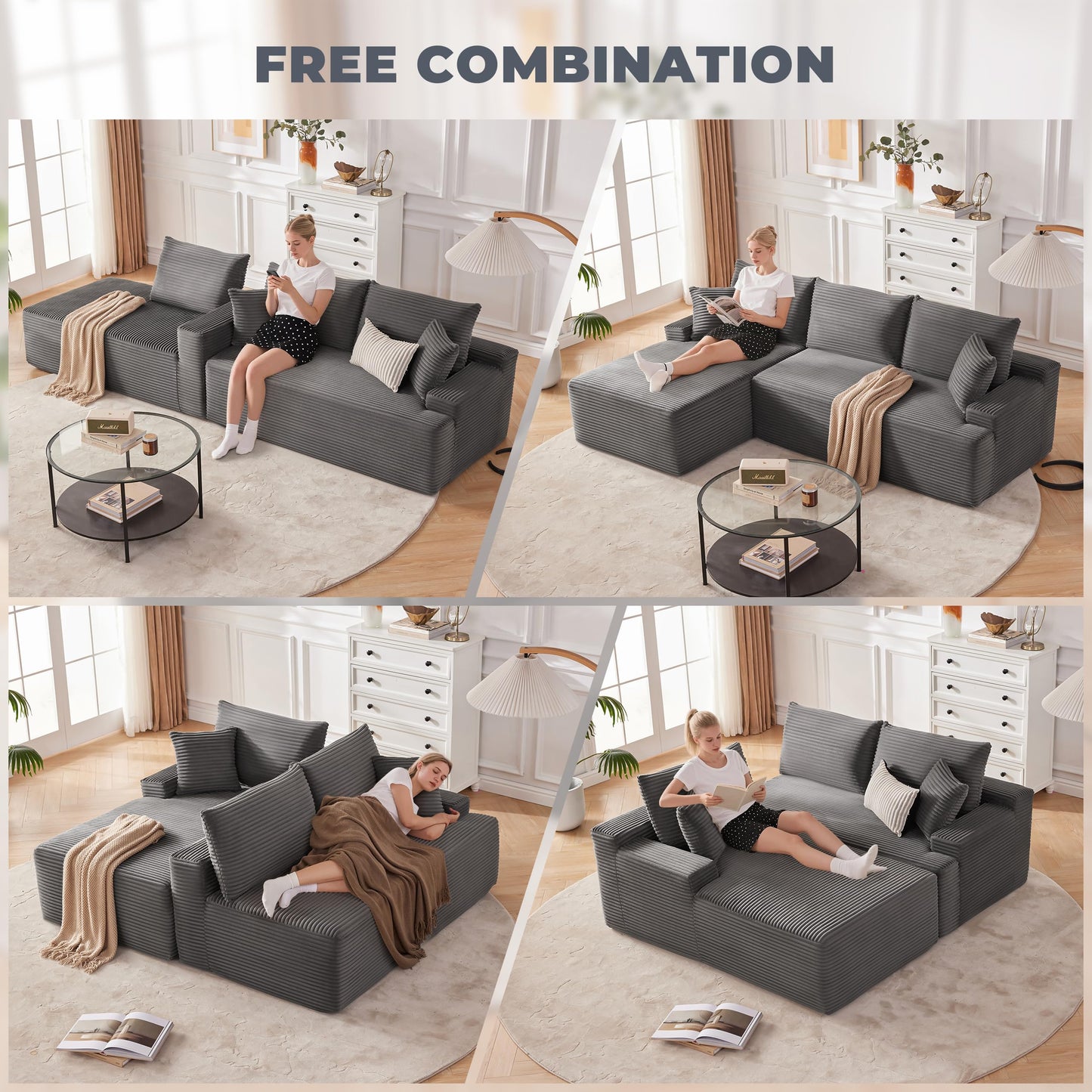 Mangodan Cloud Sectional Couch, Boneless Sofa for Living Room, Modular Sectional Sofa with Deep Seat, Fluffy Comfy Couch with L-Shaped Chaise, No Assembly Required, Dark Grey