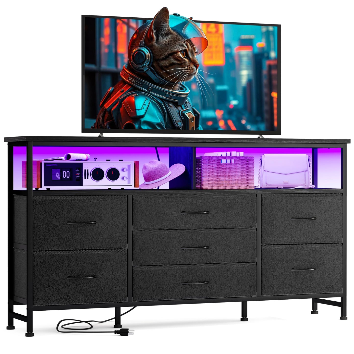 Fixwal 55 Inches Long Dresser Black Dresser for Bedroom with Power Outlets and LED Lights, 65-inch TV Stand with 7 Fabric Drawers, TV Stand for Bedroom Furniture, Chests of Drawers for Closet