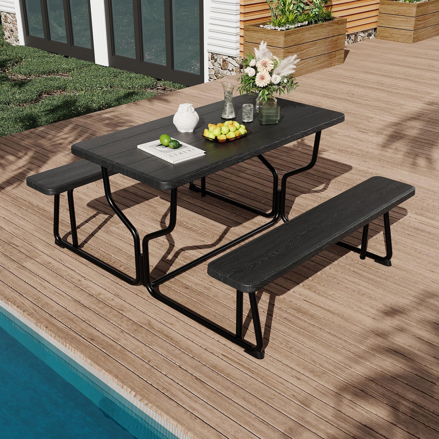 Outdoor Picnic Tables with Benches, Portable Picnic Table with Seats, Plastics Picnic Table Bench Set with Metal Frame, Large Camping Table Chair Set for Patio Deck Lawn Garden Backyard, Black
