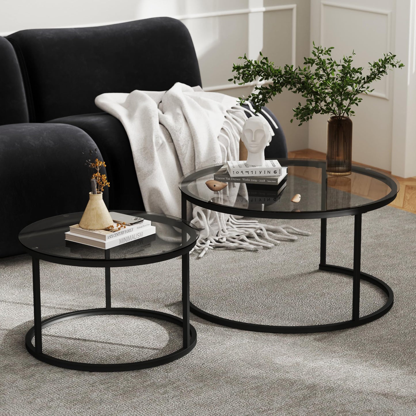 Furnivado 31.5" Nesting Coffee Table Set of 2, Round Nesting Coffee Tables with Tempered Glass Top, End Tables with Metal Frame for Living Room, Bedroom, Grey Transparent Glass