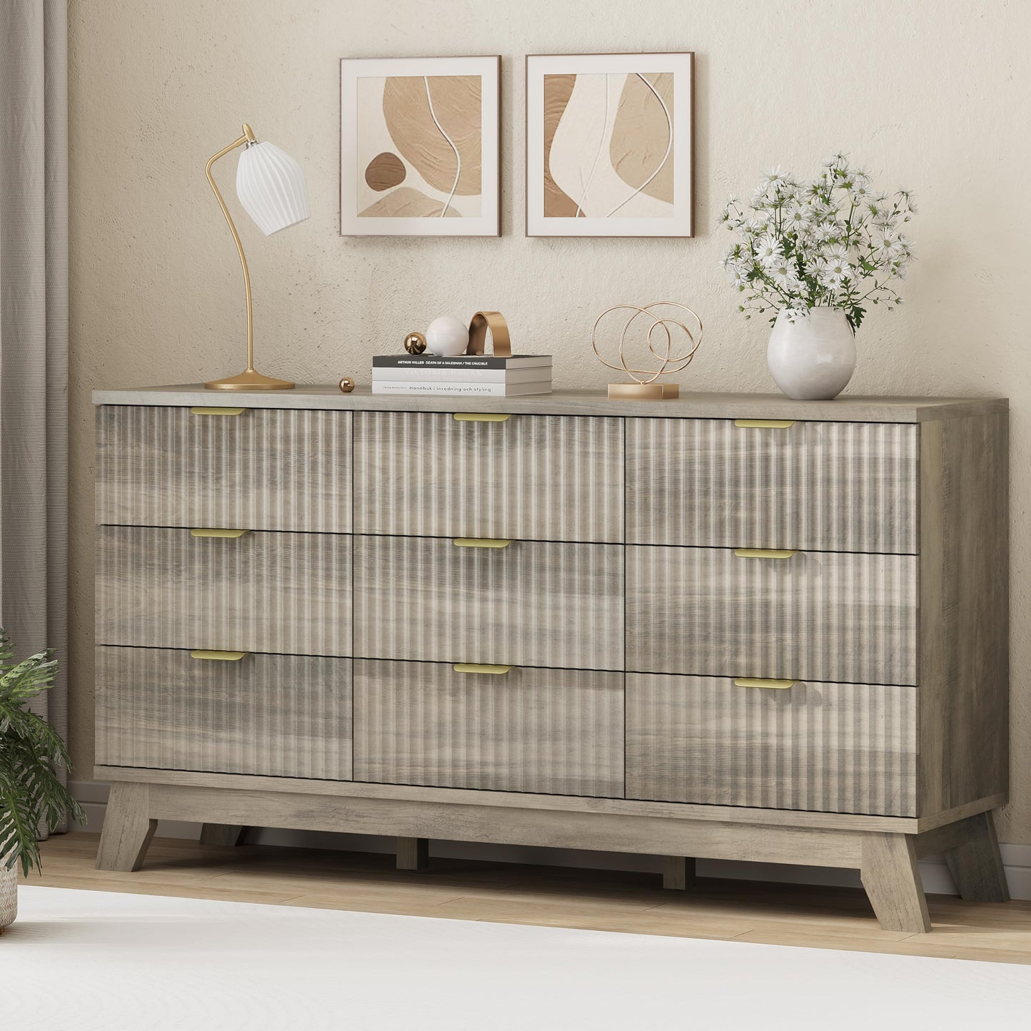 Fluted Dresser for Bedroom with 9 Drawers, 57" Wide Modern Chest of Drawers with Metal Handle, Wooden Dresser TV Stand, Wood Closet Clothes Storage Organizer for Living Room, Hallway, Grey