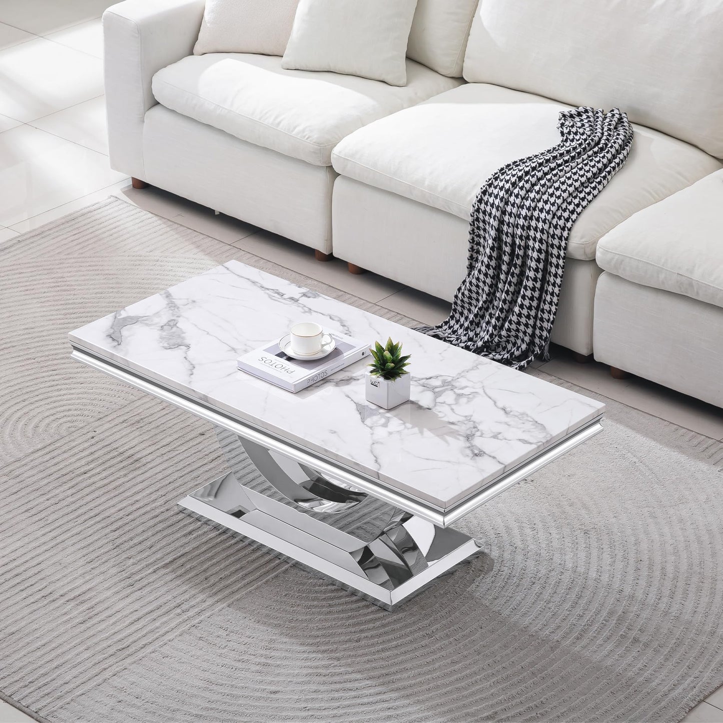 Modern Marble Coffee Table with Stainless Steel Pedestal, 47" Luxury Silver Coffee Table for Living Room, Unique Faux Marble Cocktail Table Rectangle Funky Coffee Center Tables for Living Room