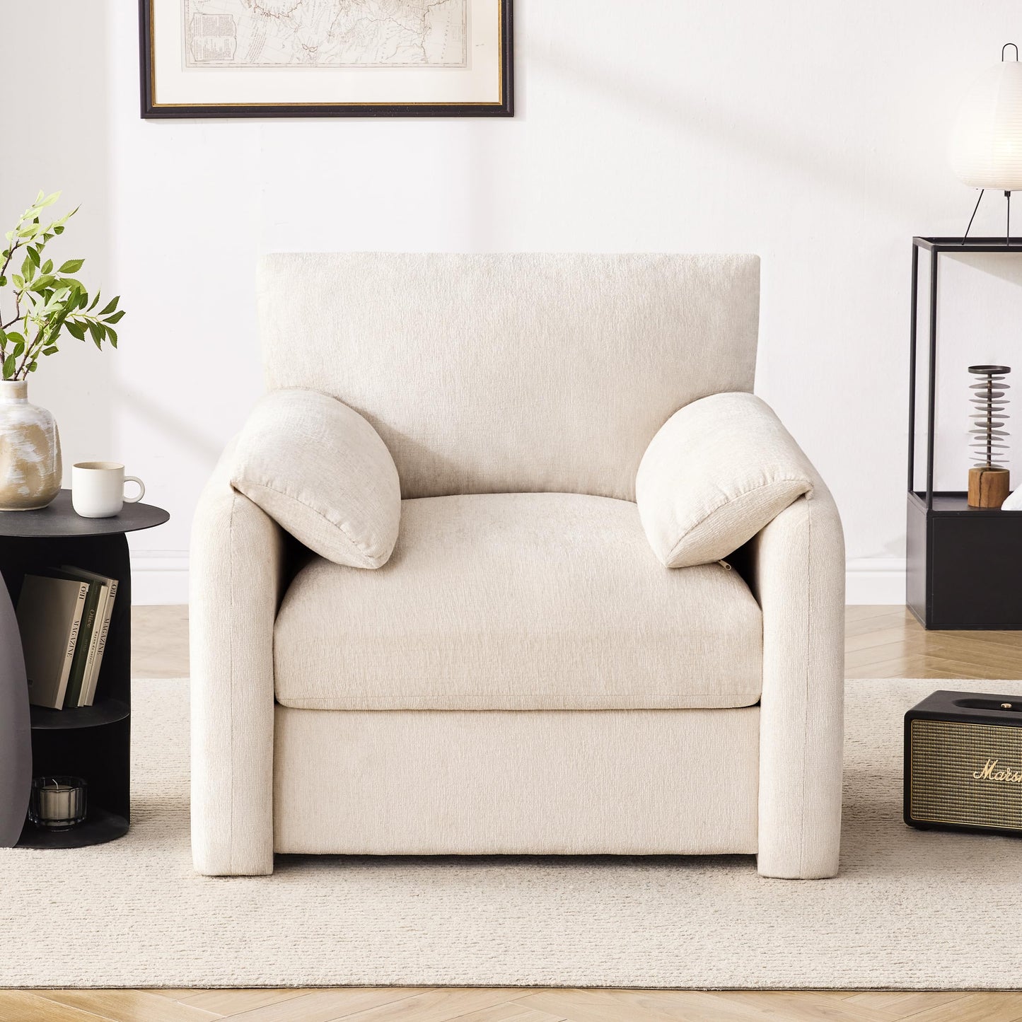 Howjoe Chenille Oversized Armchair, 38.6" Wide Accent Chairs for Living Room & Bedroom Modern Lounge Chair, Upholstered Mid-Century Reading Chair, Comfy Living Room Chair, Single Sofa Chair, Beige