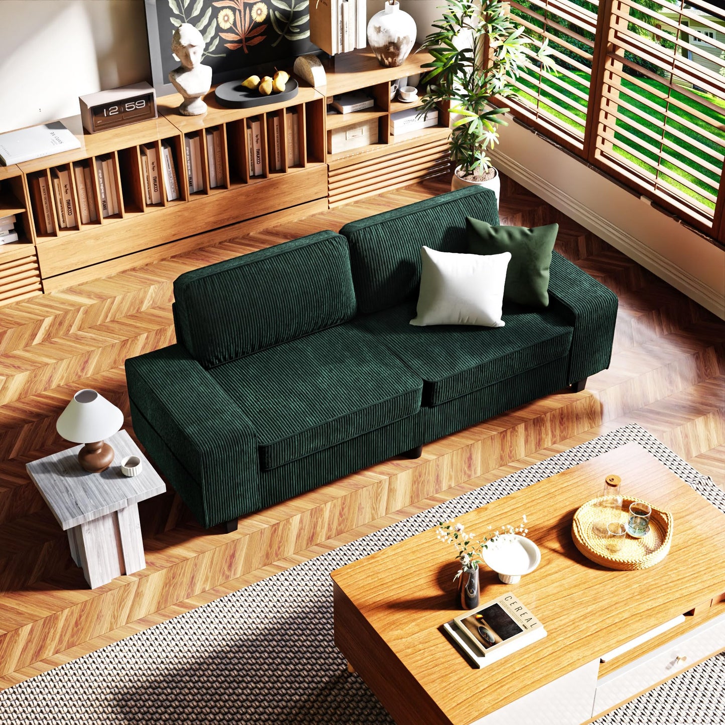 MeetLeisure 84" Corduroy Loveseat Couch, 3 Seater Retro Sofa with 4 Side Pockets, Removable and Washable Cushions, Mid Century Modern, Living Room, Apartment, Office (Green)