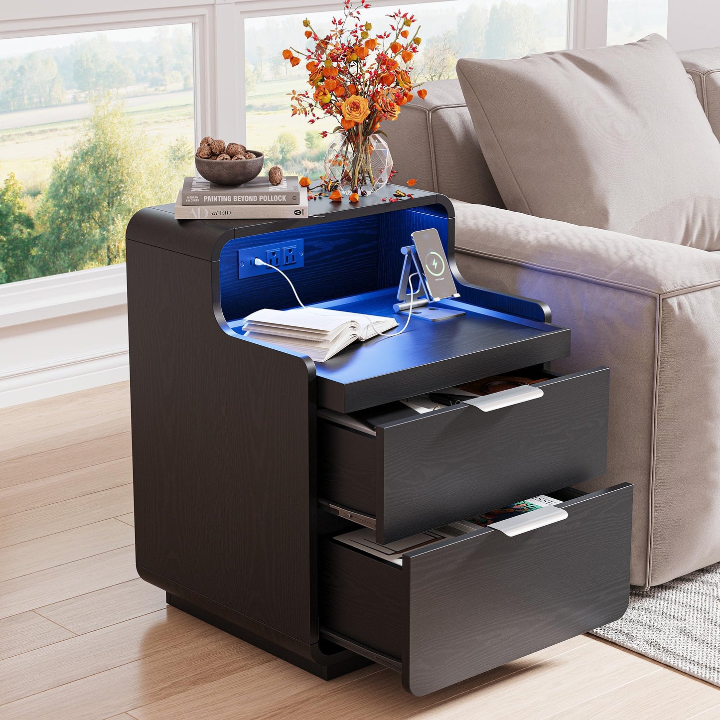 LIKIMIO Nightstand with Charging Station and LED Lights, Night Stand with Pull-Out Shelf, Morden End Table with 2 Drawers, Bedside Table for Bedroom, Black