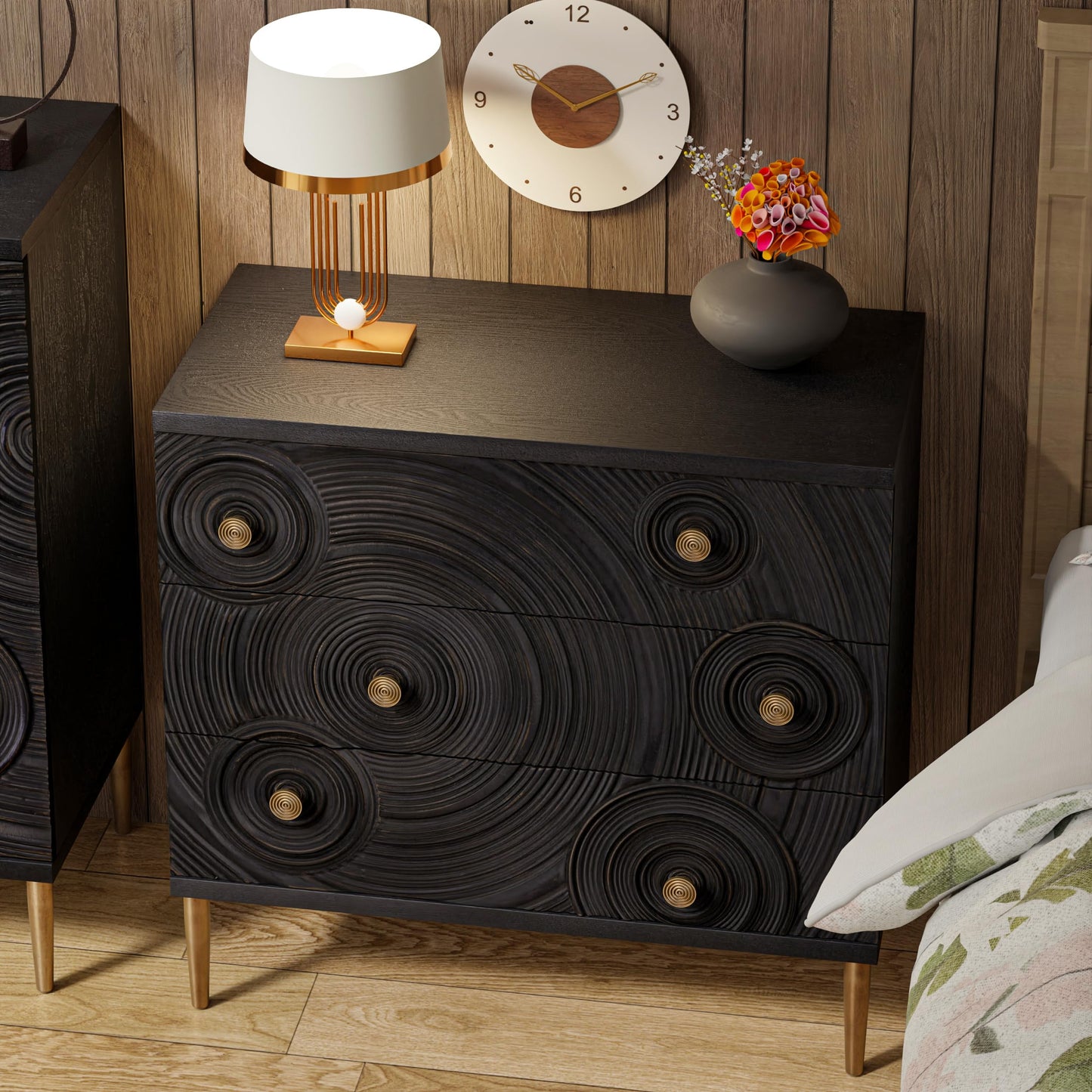 Aoikax Farmhouse 3 Drawer Dresser with Ring Motif, Disstressed Boho Nightstand for Bedroom, Entryway, French Country, Embossed, Black & Gold