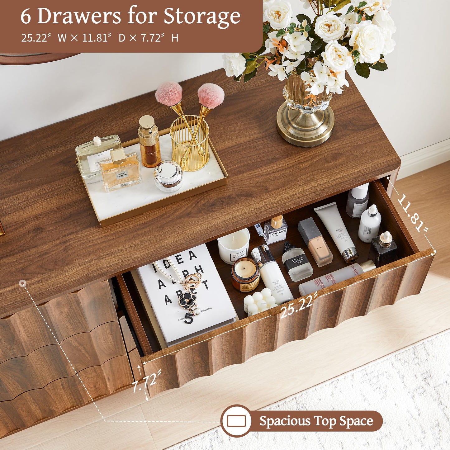 Caspellaire Fluted 6 Drawer Dresser, 53" Wide Modern Chest of Drawer, Dresser TV Stand,Wood Drawer Organizer for Bedroom, Living Room, Hallway