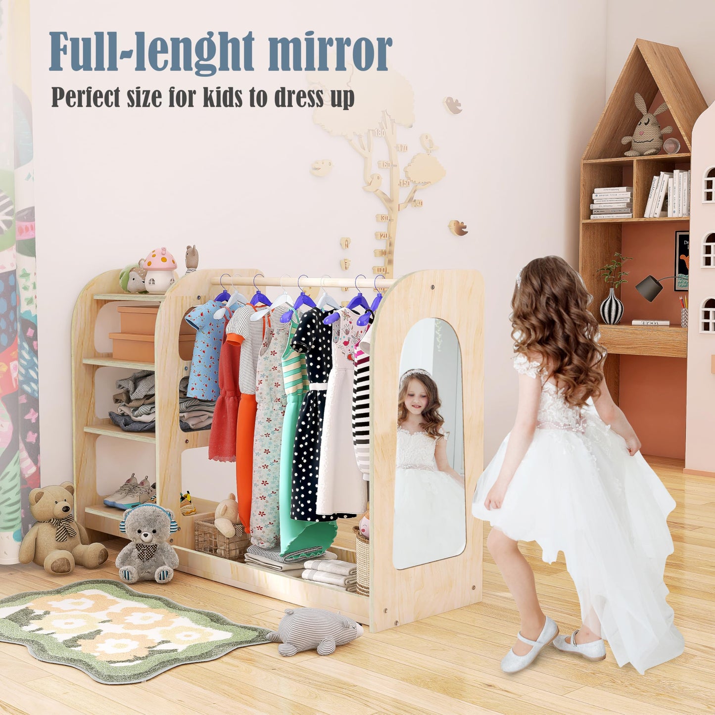 Qifeila Kids Dress Up Storage with Mirror, Wooden Kids Dress Up Rack for Little Girls and Boys, Kid Wardrobe Closet with Storage Shelf
