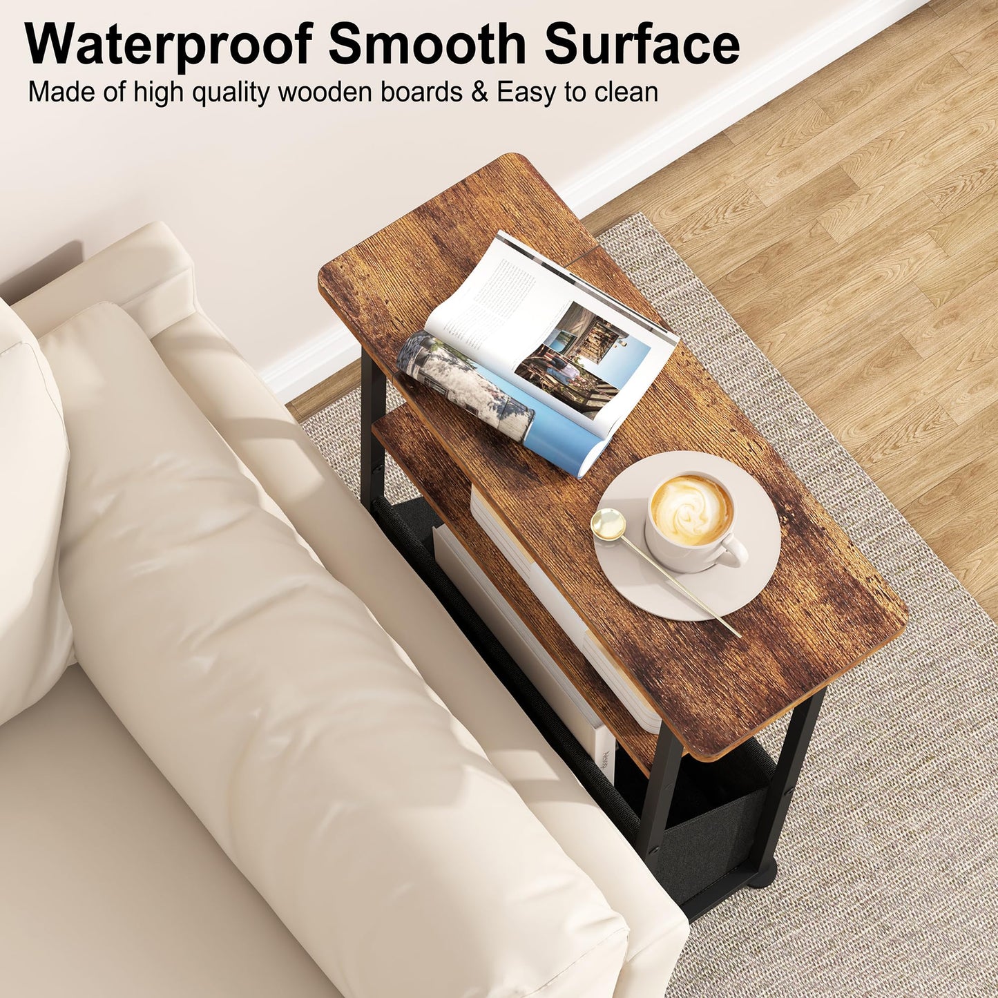 Yusong Narrow Side Table for Small Spaces, Skinny End Table with Storage Basket, 3 Tier Slim Sofa Couch Bedside Table, Thin Nightstand for Bedroom, Living Room, Rustic Brown