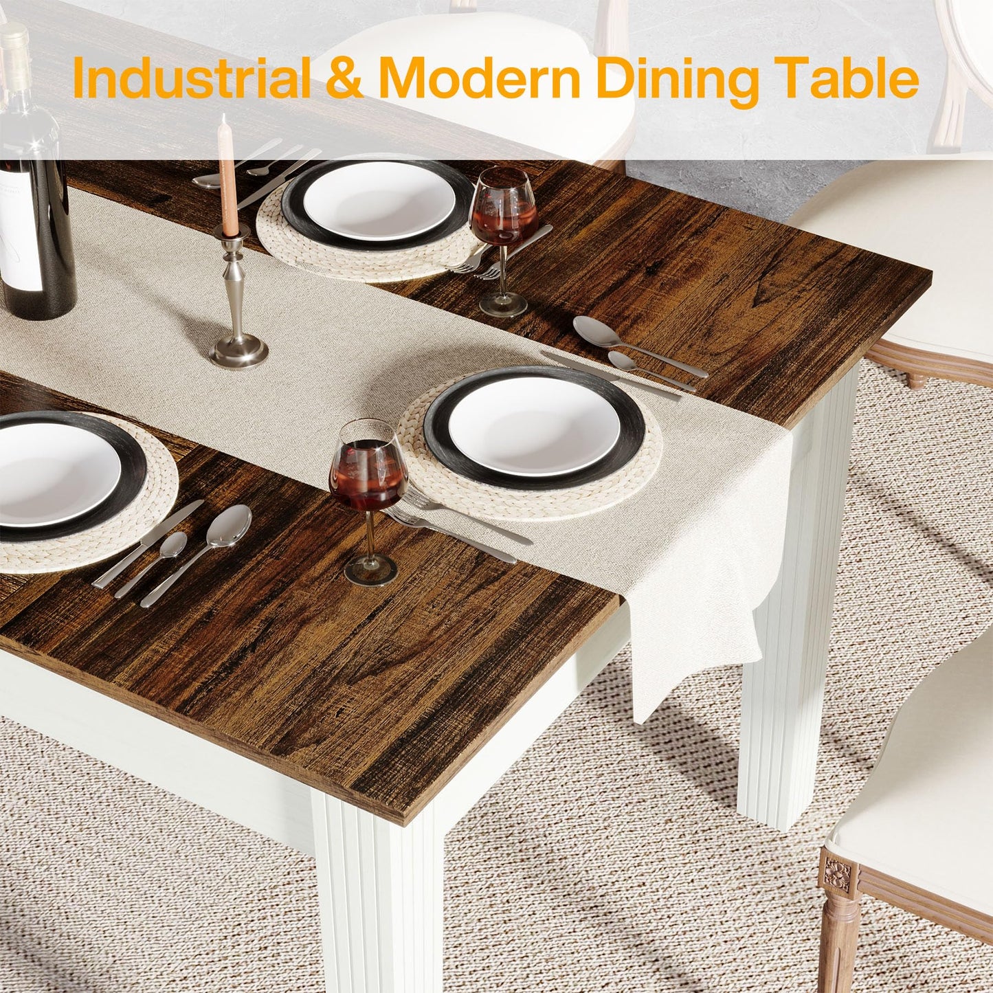 Tribesigns Dining Table for 4-6 People, 62-Inch Rectangular Kitchen Table with Solid Wood Legs, Modern Farmhouse Dinner Table for Dining Room, Kitchen, Living Room, Rustic Brown & Cream White
