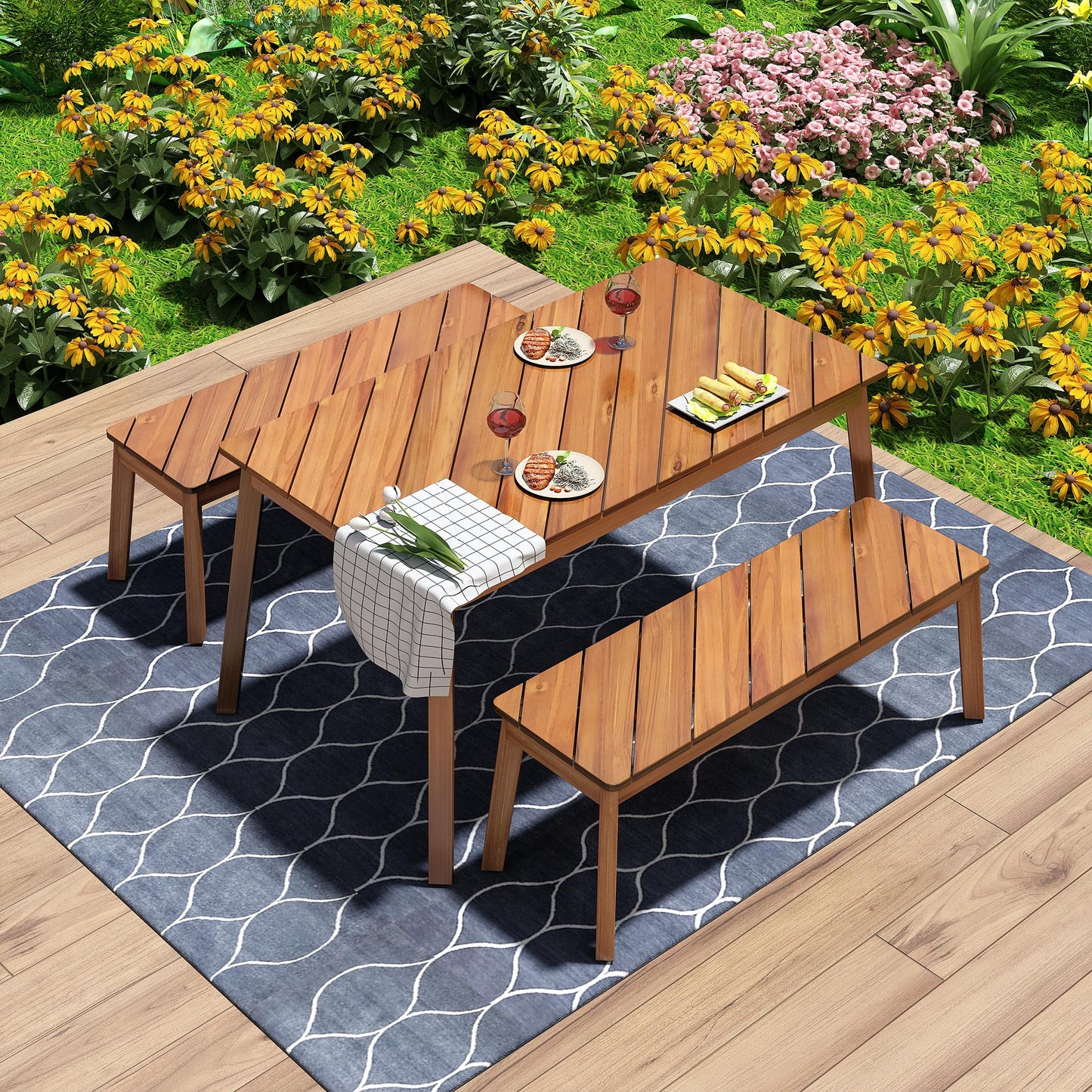 YOPTO 3 Pieces Outdoor Dining Table Set,Acacia Wood Table with 2 Bench, Outdoor & Indoor Furniture Set,Picnic Beer Table for Patio, Porch, Garden,Poolside,Natural