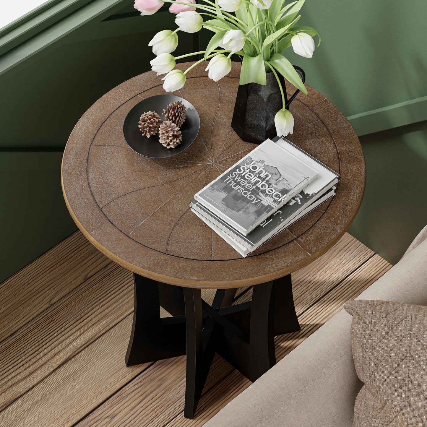 COZAYH Farmhouse Round End Table with Criss-Cross Wood Legs, Rustic French Country Side Table for Dinning or Living Room, Modern, Black, Natural Wood