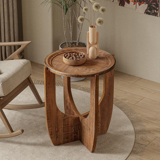 COZAYH Rustic Farmhouse End Table, French Country Accent Side Table for Family, Dinning or Living Room, Small Spaces, Modern, Round, Brown End Table