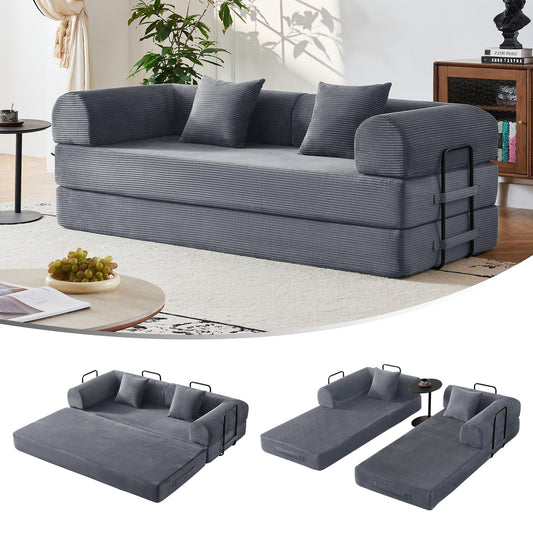 Bsxupke 79'' Convertible Sleeper Couch Bed, Floor Sofa Bed with Fixed-Shape Frame, Corduroy Floor Sofa with 2 Pillows, Loveseat Floor Sofa Lounge for Living Room Bedroom, Dark Grey