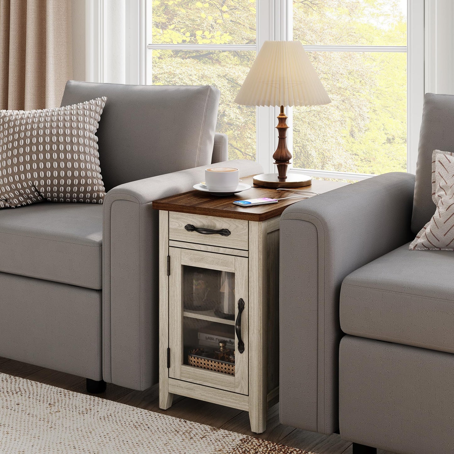LINSY HOME End Table Set of 2 with Charging Station, Modern Farmhouse Sofa Couch Side Table, Wooden Bedside Table for Living Room, Slim Nightstand with Storage for Small Space, White Oak, Glass Door