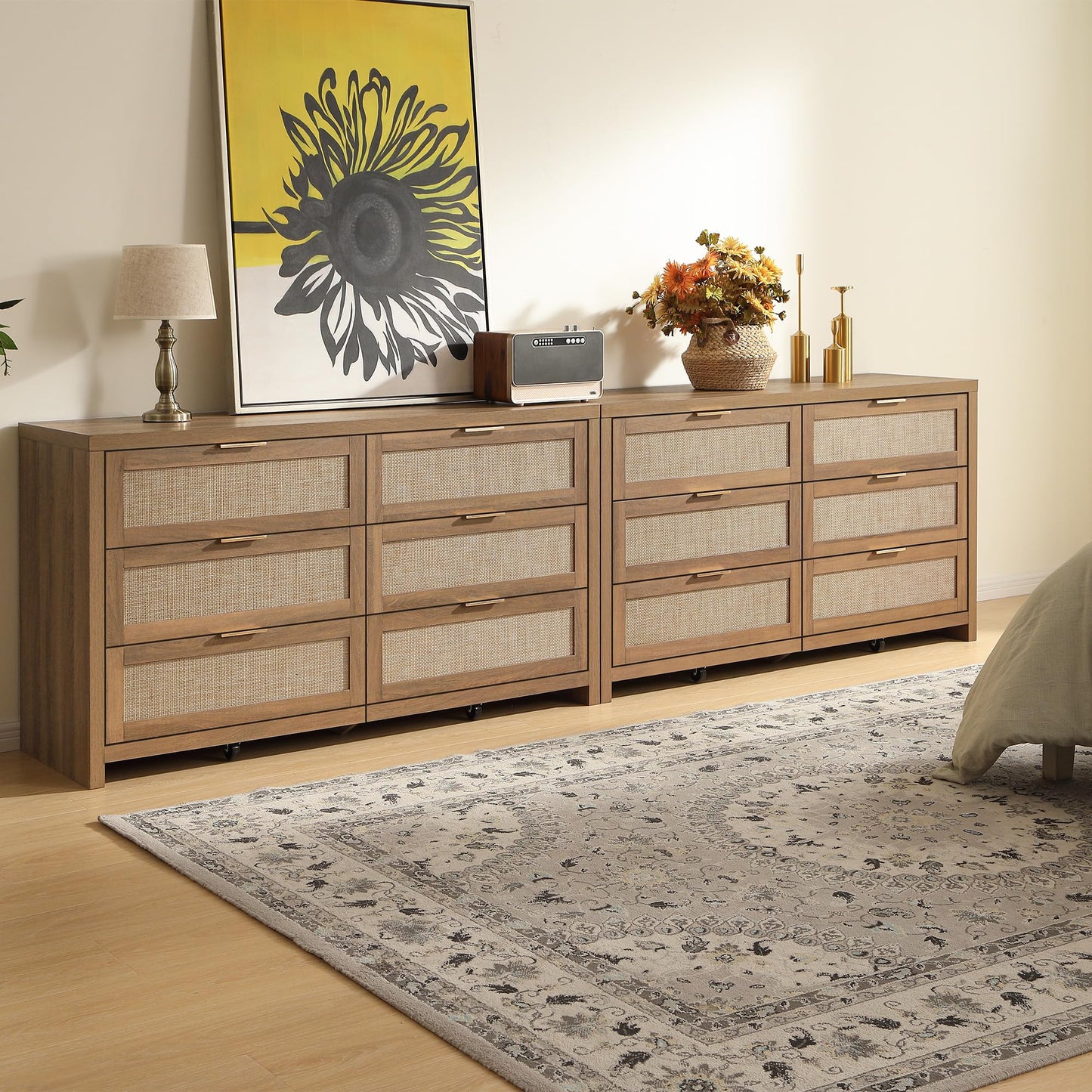 SICOTAS Rattan Dresser for Bedroom, 56.9" Wide 6 Drawer Dresser with Ample Storage, Dressers Large Chest of Drawers, Closet, Boho TV Stand for Bedroom (Reclaimed Caramel Oak, 1 Piece)