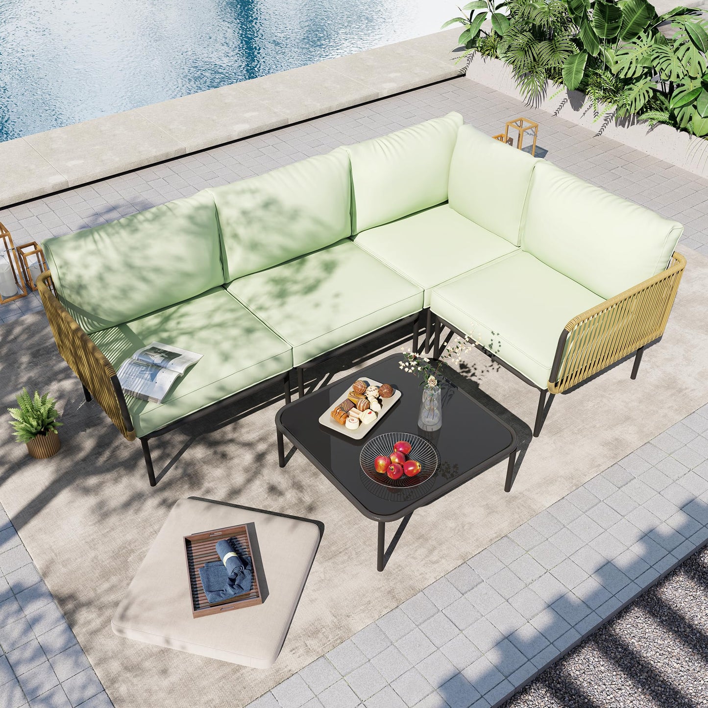FKLUG Patio Furniture Set, 5 Piece Outdoor Patio L-Shaped Conversation Set with Cushions and Table, All-Weather Rattan Woven Sectional Sofa for Backyard, Porch, Boho Detachable Lounger (Green)