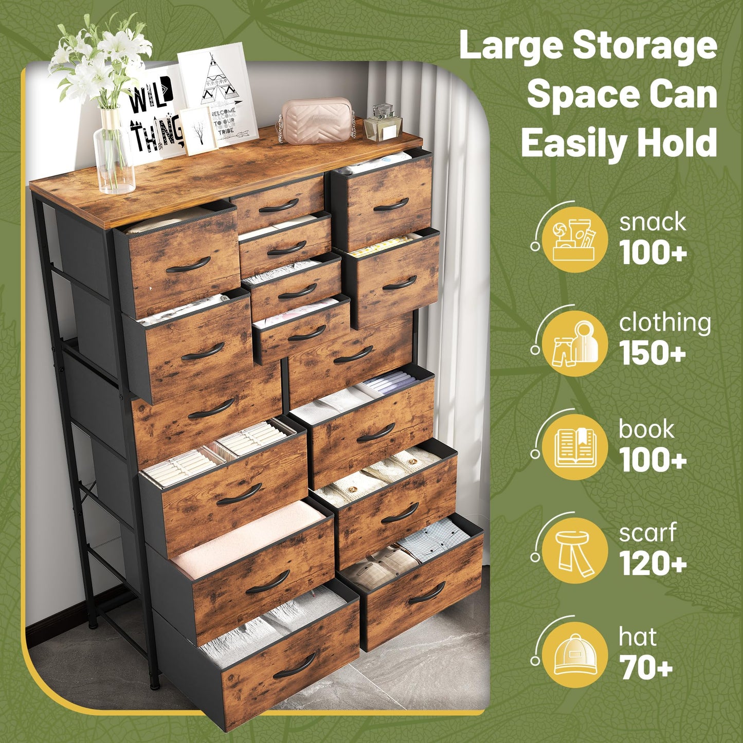 Bepatio 16 Drawers Dresser for Bedroom 57" H Tall Dressers for Bedroom Large Fabric Dressers & Chest of Drawers with Sturdy Metal Frame, Wood Top, Closet, Entryway, Hallway (Rustic Brown)