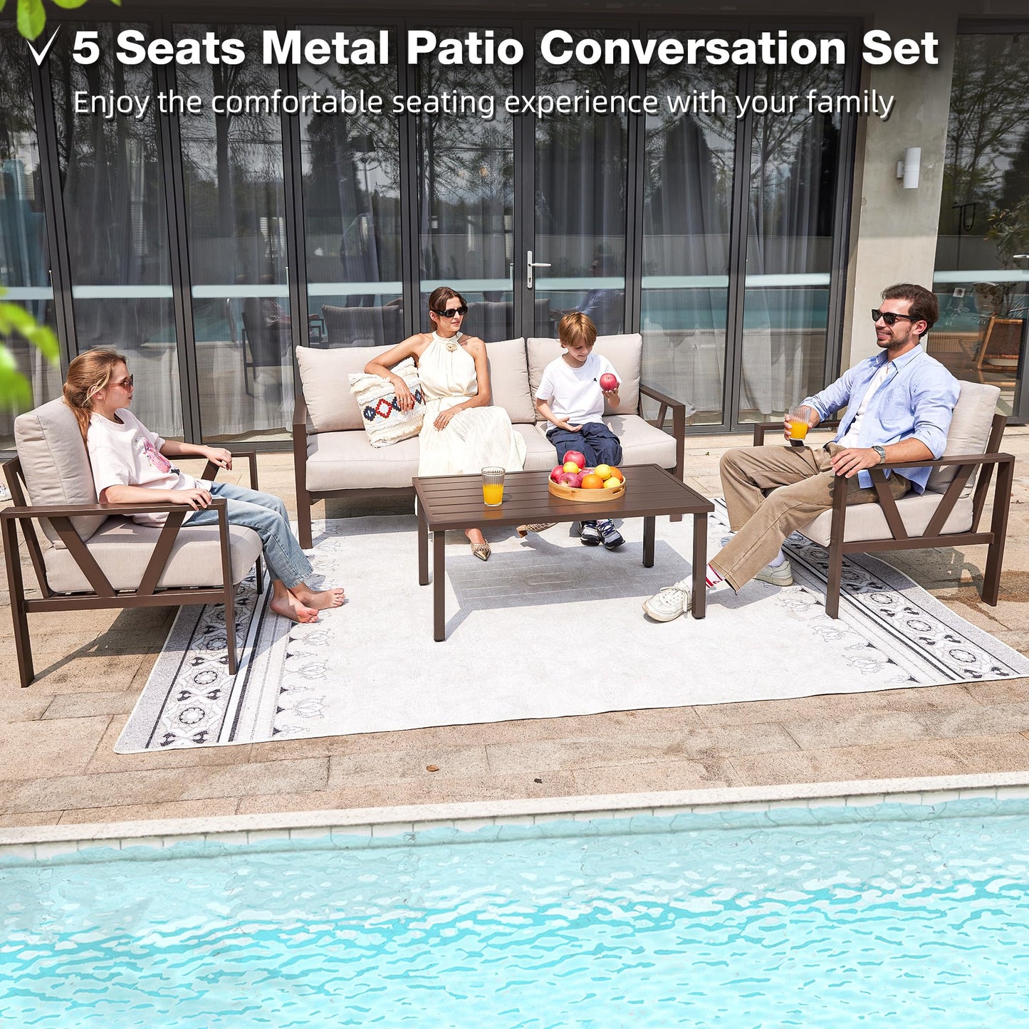 COMLAX FIELD Outdoor Patio Furniture Set, 4 Pieces Metal Patio Furniture Set with Coffee Table, Modern Outdoor Patio Conversation Seating Set, Beige
