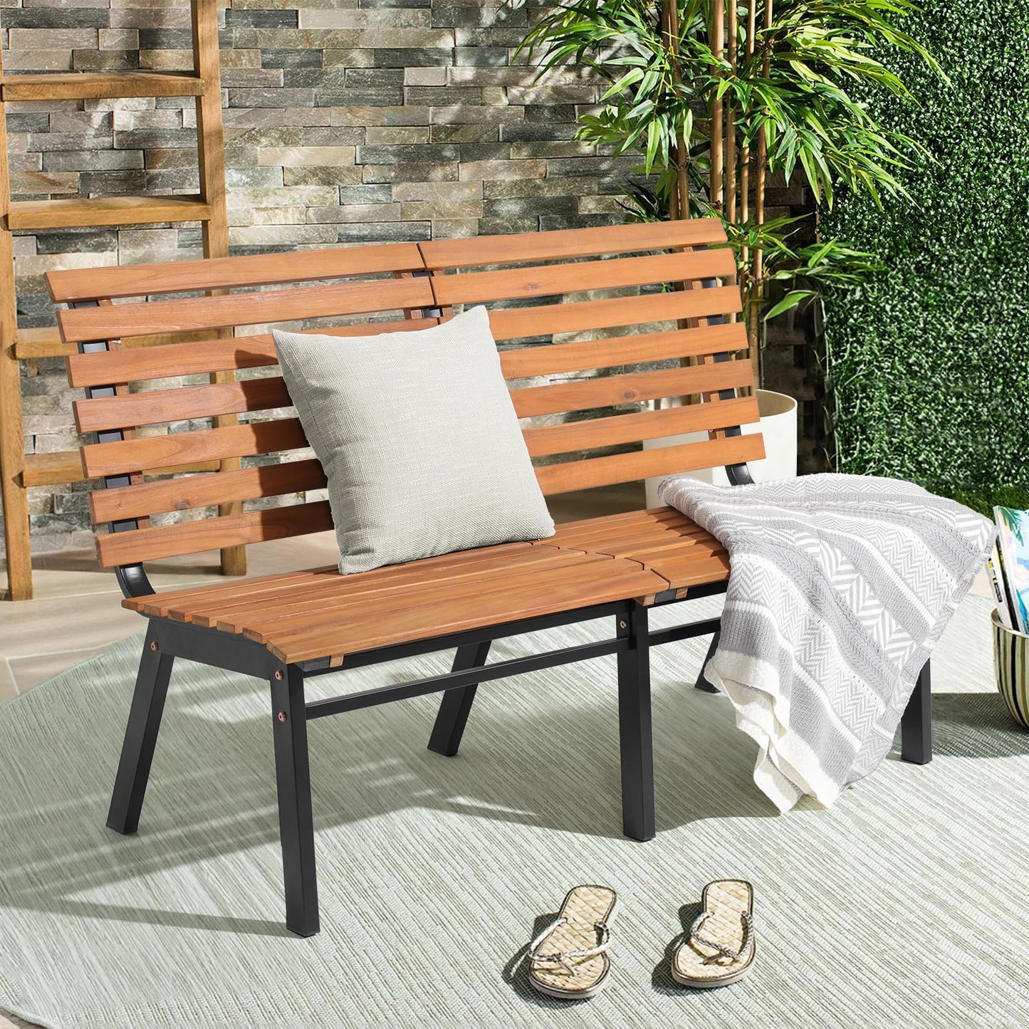 Soleil Jardin Outdoor Acacia Wood Garden Bench with Steel Legs, Patio Porch Chair Furniture, Slatted Design w/Backrest for Lawn, Balcony, Yard