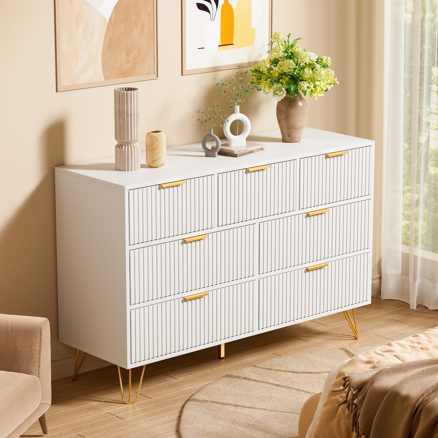 Furniway Dresser for Bedroom, Fluted Modern Dresser with Gold Pulls and 7 Drawers, 15.7" D x 47.2" W x 31.4" H, White