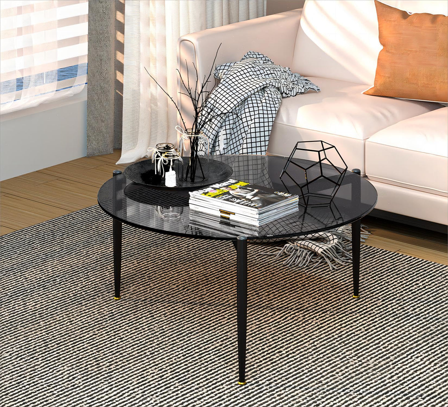 Artloge Round Tempered Glass Table: 31.5 inch Large Circle Top Storage Shelf with Metal Frame, Modern Coffee Table Center Desk Luxury Furniture for Living Room, Grey