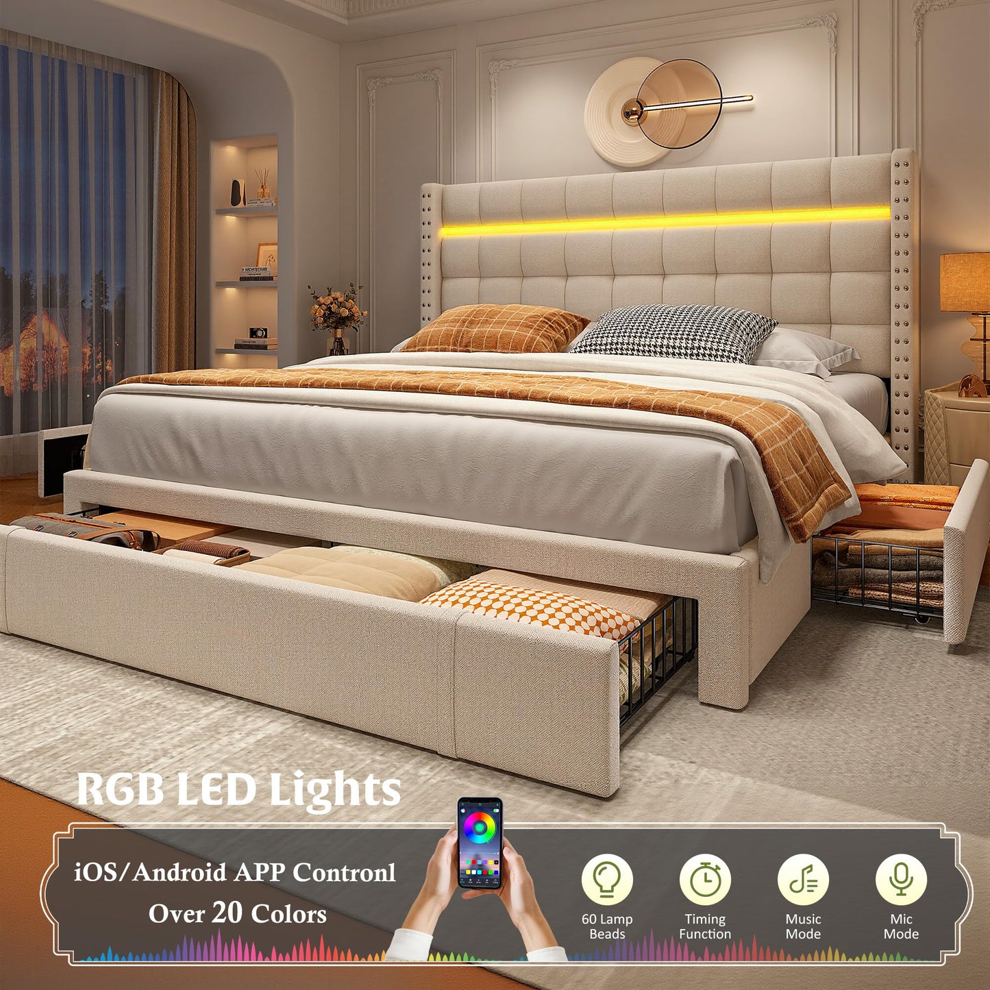 EnHomee Queen Bed Frame with 3 Storage Drawers Upholstered Bed Frame Queen Size with LED and Adjustable Headboard Noise Free No Box Spring Needed Easy Assembly, Beige