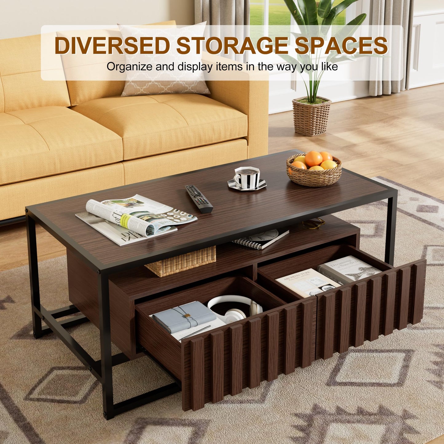UEV Coffee Table Set of 3,Living Room Table Set,Mid Century Coffee Table,End Side Tables Set of 2 with 2 Drawer for Living Room & Bedroom,Walnut