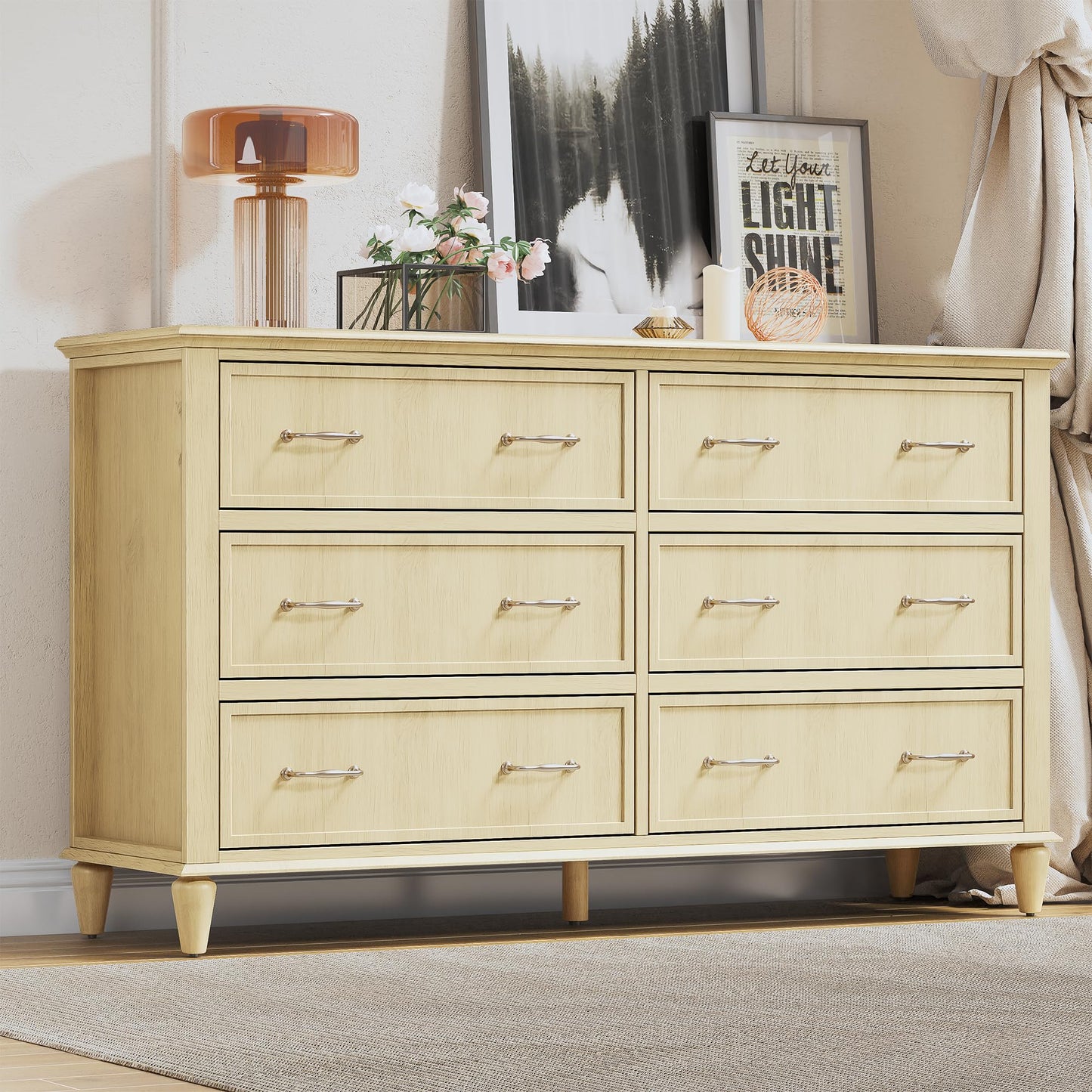 FLOWBACK 6 Drawer Dresser for Bedroom, 54" Wide Modern Wood Storage Chest of Drawers, Large Long Storage Dressers Organizer for Closet Bedroom Hallway