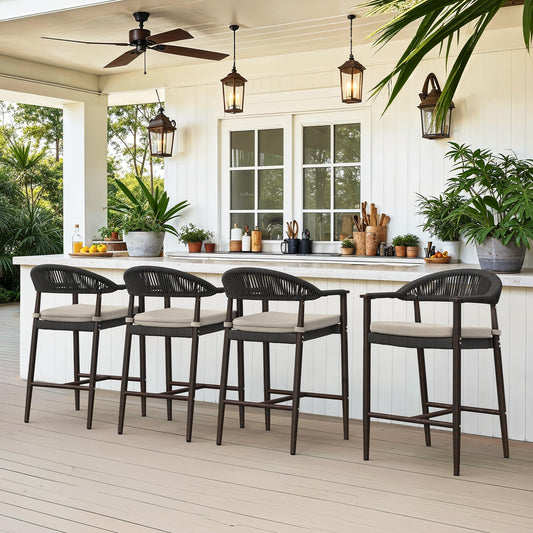 Cozyman Bar Stools Set of 4, 24.8'' Aluminum Outdoor Bar Stool with Removable Cushion, Boho Rattan BarStools, Olefin Rope Woven Bar Chairs with Footrest for Patio, Garden, Pool, Kitchen, Black