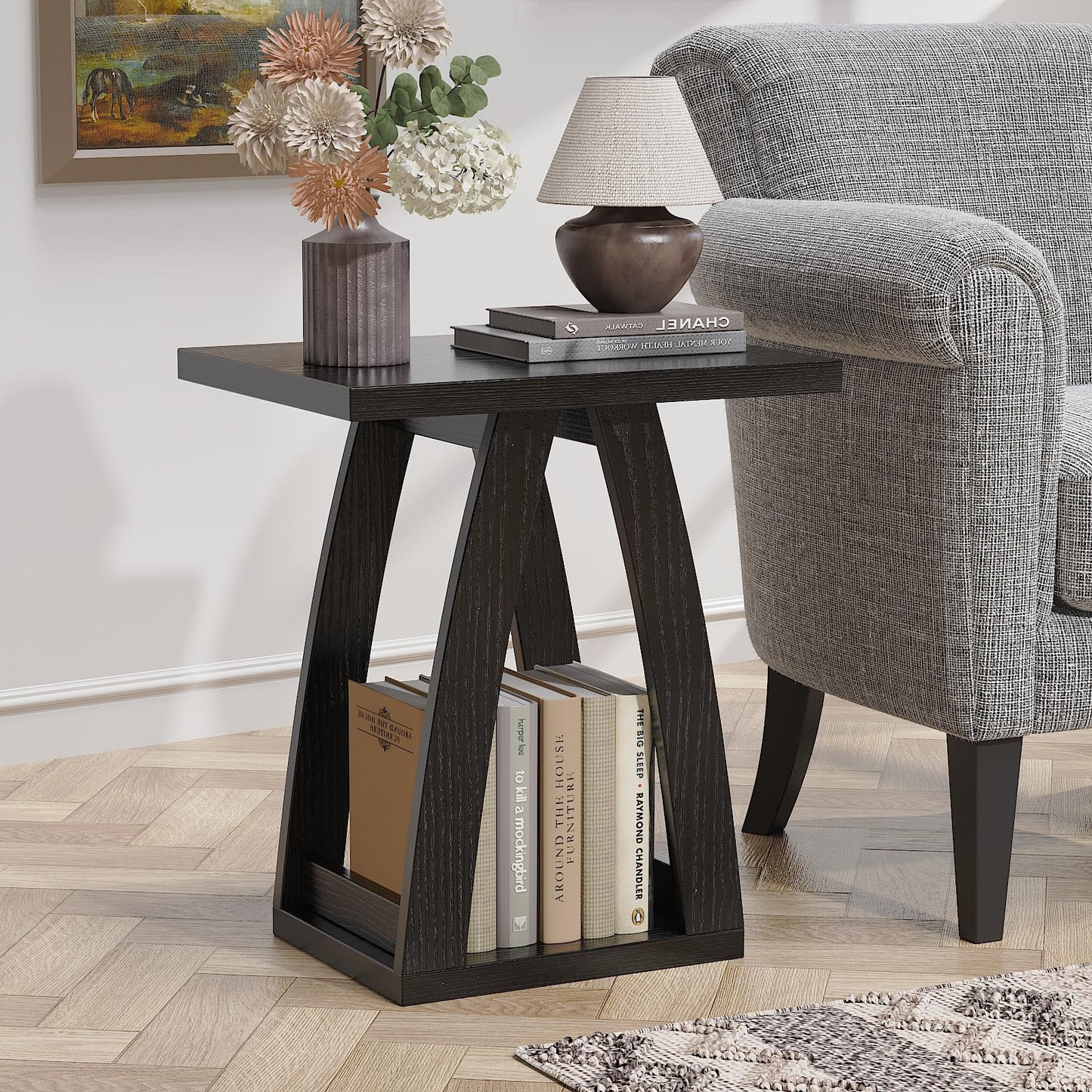 FROMJBEST End Tables Living Room, Side Table Beside Sofa, Nightstand for Bedroom, Couch Side Table with Shelf, Modern End Table for Living Room, Black End Table
