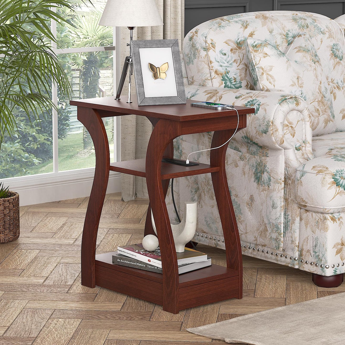 FROMJBEST End Tables Living Room Set of 2,Cherry End Table with Charging Station,Side Table, Nightstand for Bedroom, 3 Tier End Table with Storage Shelf for Living Room(Cherry)