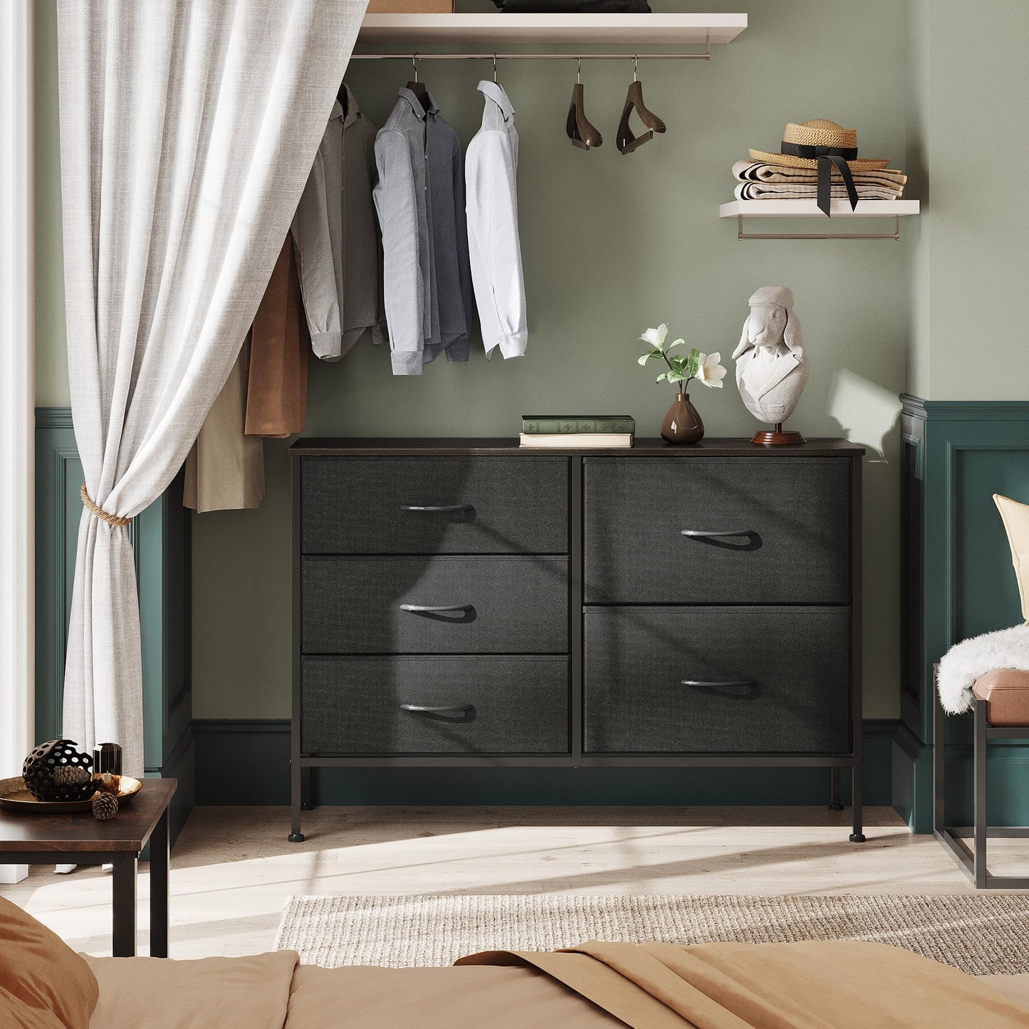 WLIVE Dresser for Bedroom with 5 Drawers, Wide Bedroom Dressers with Drawer Organizers, Chest of Drawers, Fabric Dresser for Living Room, Closet, Hallway, Charcoal Black