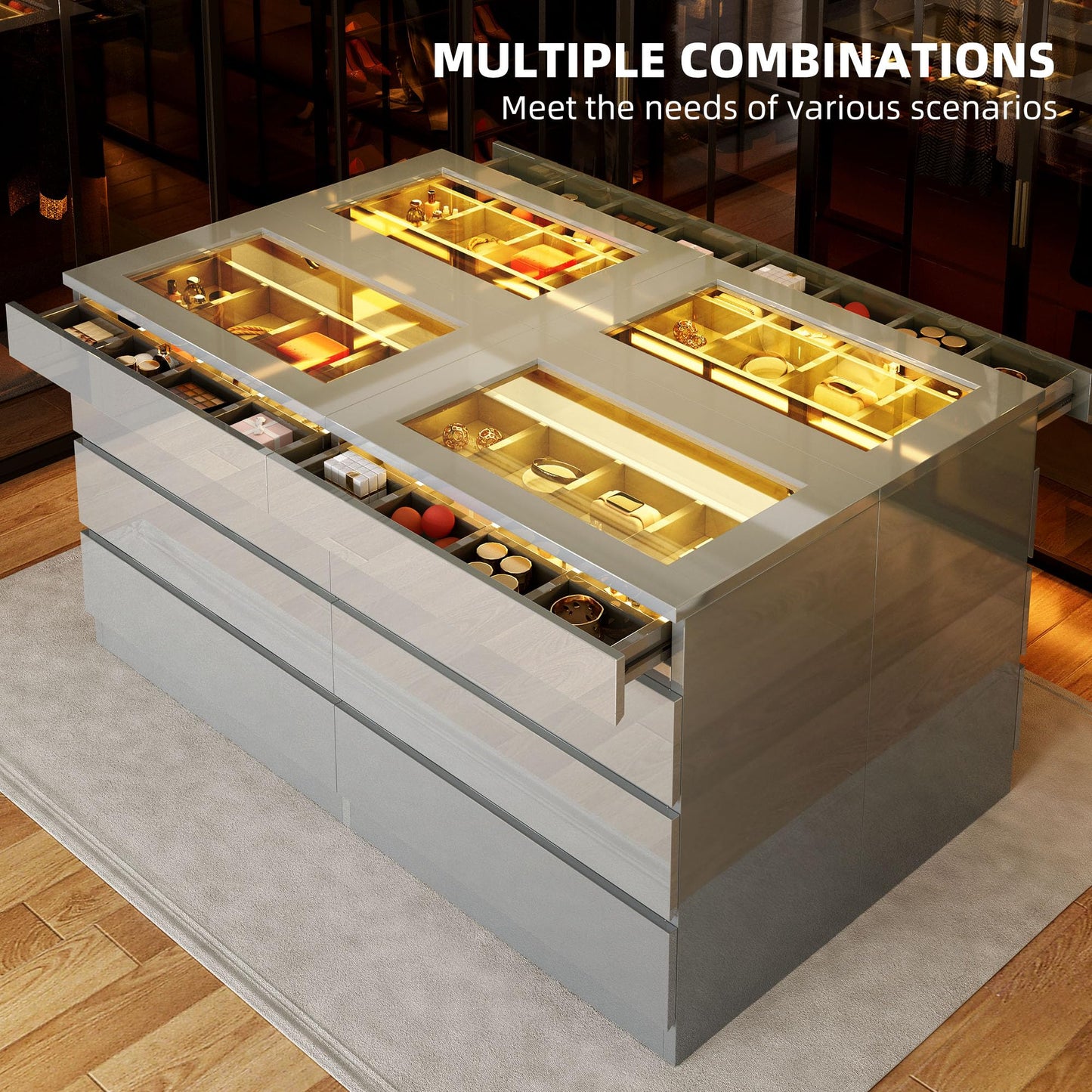 DWVO 8 Drawer Dresser with LED Light,Grey Dresser, Modern 8 Chest of Drawers with Deep Drawers Glass Top High Gloss Surface, Storage Organizer Cabinet for Living Room, Bedroom