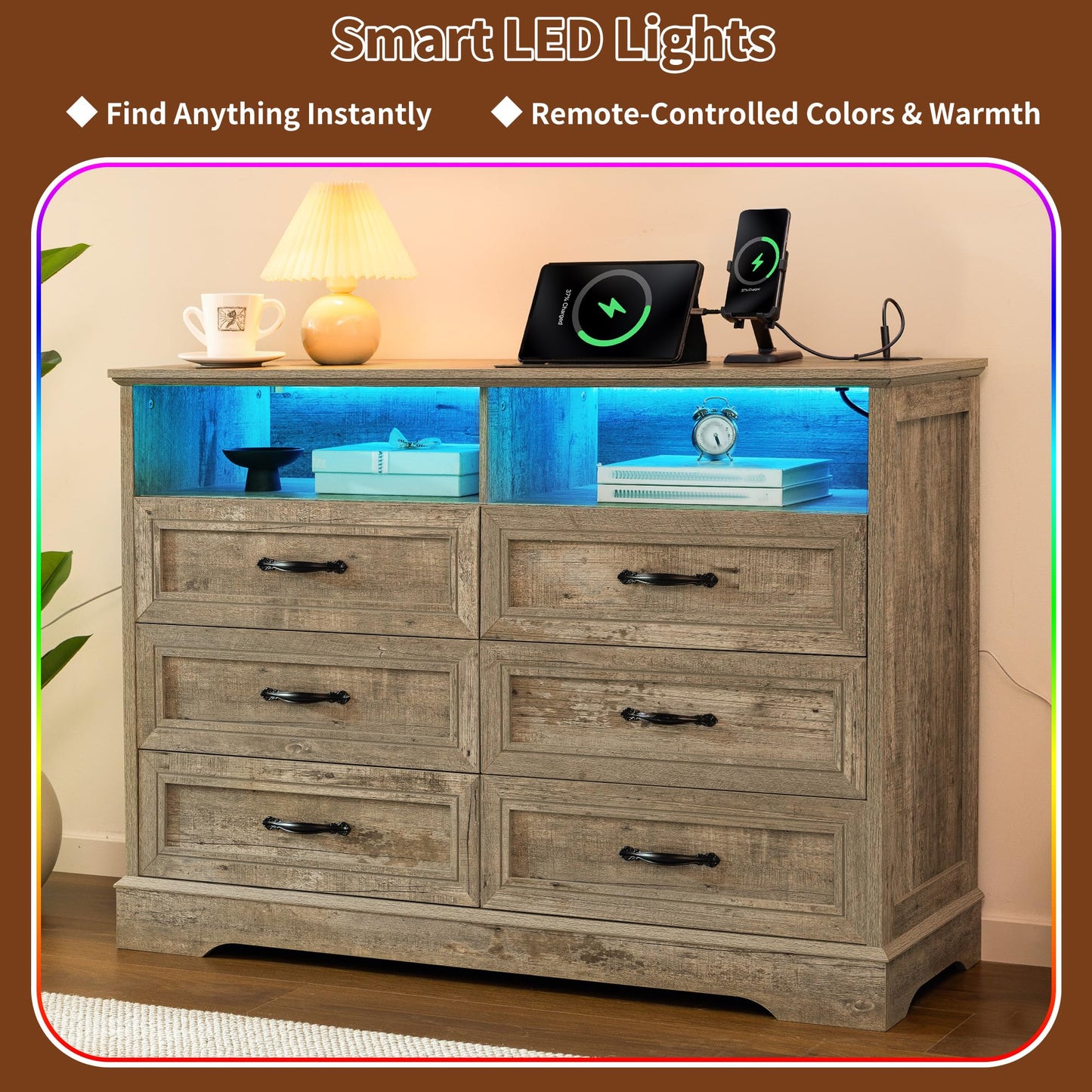 Homkdom Dressers for Bedroom,6 Drawers Dresser with LED Light,Power Outlets and Open Shelves,Chests of Drawers for 65 inch TV, for Hallway, Entryway, Light Rustic Oak