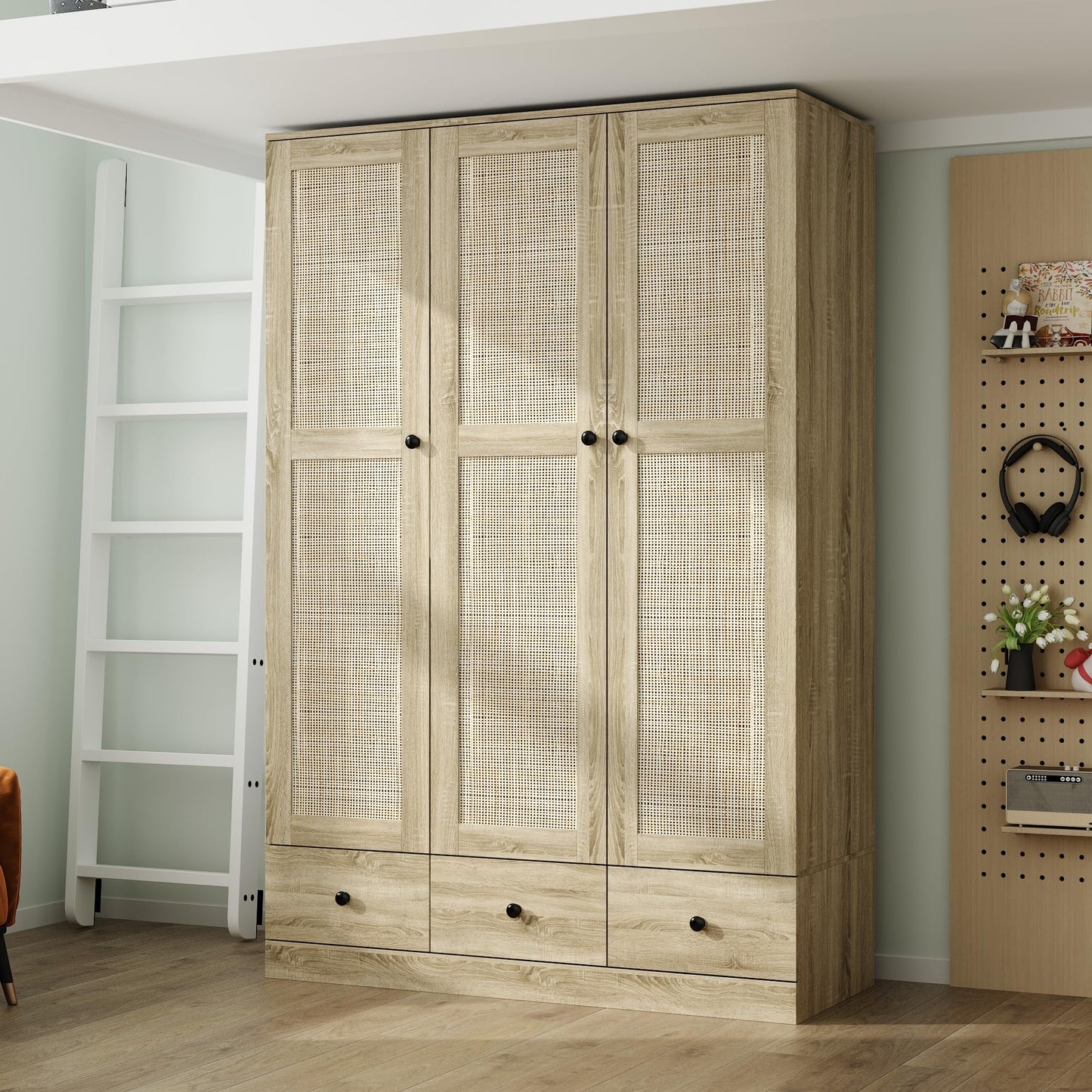 Homsee 3-Door Rttan Wardrobe Armoire Closet, Bedroom Cabinet Armoire with 3 Rattan Doors, 3 Drawers, Hanging Bar & 6 Shelves, Light Brown