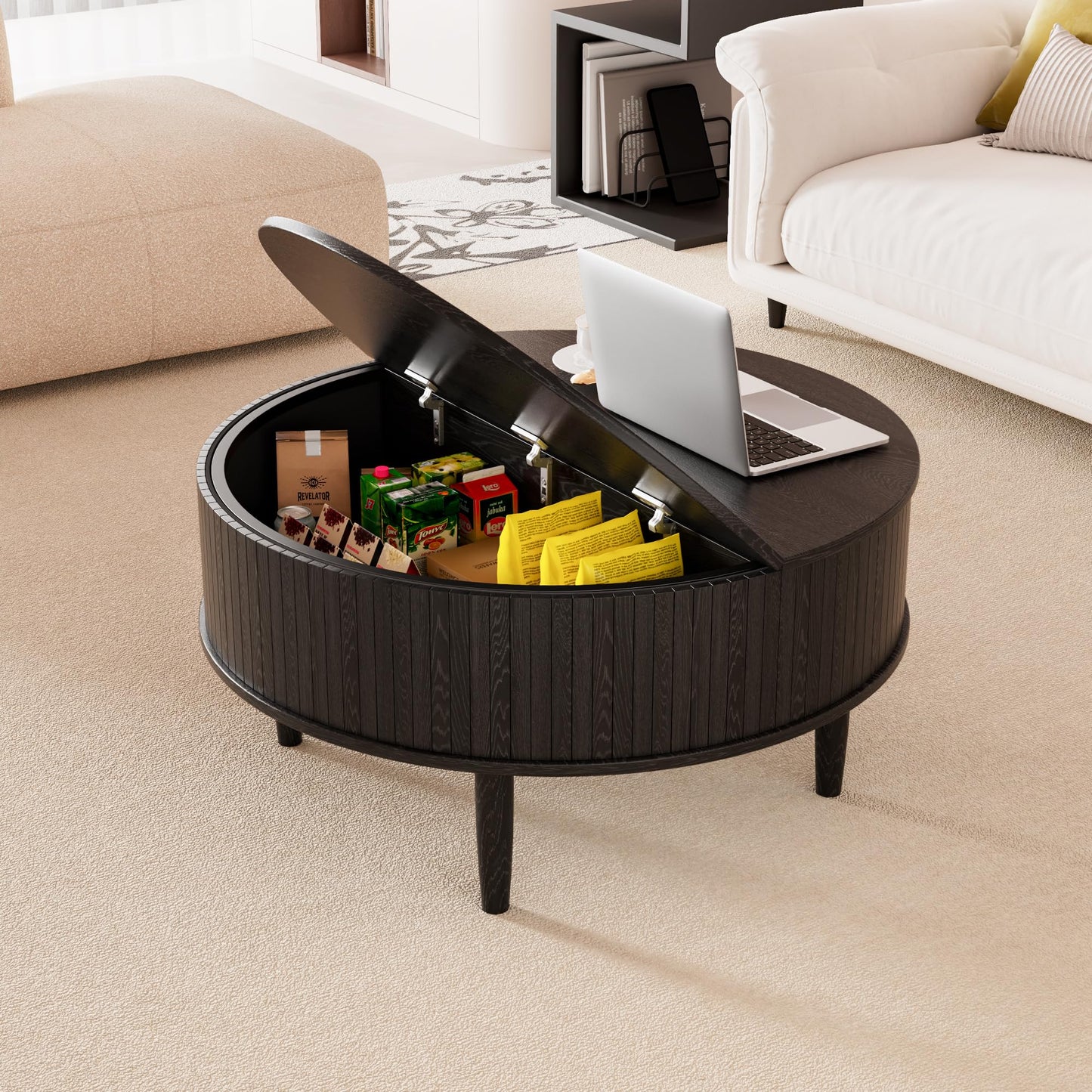 Round Fluted Lift Top Coffee Table with Storage, Mid Century Modern Coffee Table for Living Room, Home Small Space,31.5" Fluted Center Table (Black, 31.5inch)