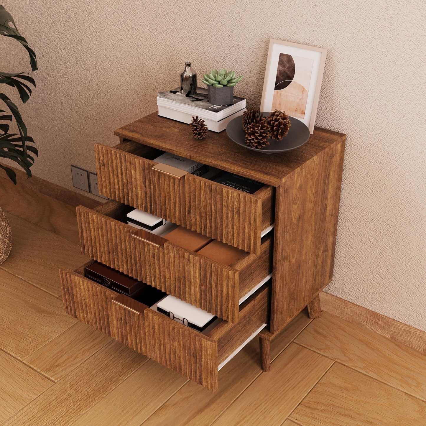 XUZENEST Fluted 3 Drawer Dressers, Modern Closet Dressers Chest of Drawers, Wood Storage Dresser Chest of Drawers Organizer for Bedroom Living Room Hallway Closet, Walnut, 2 Sets