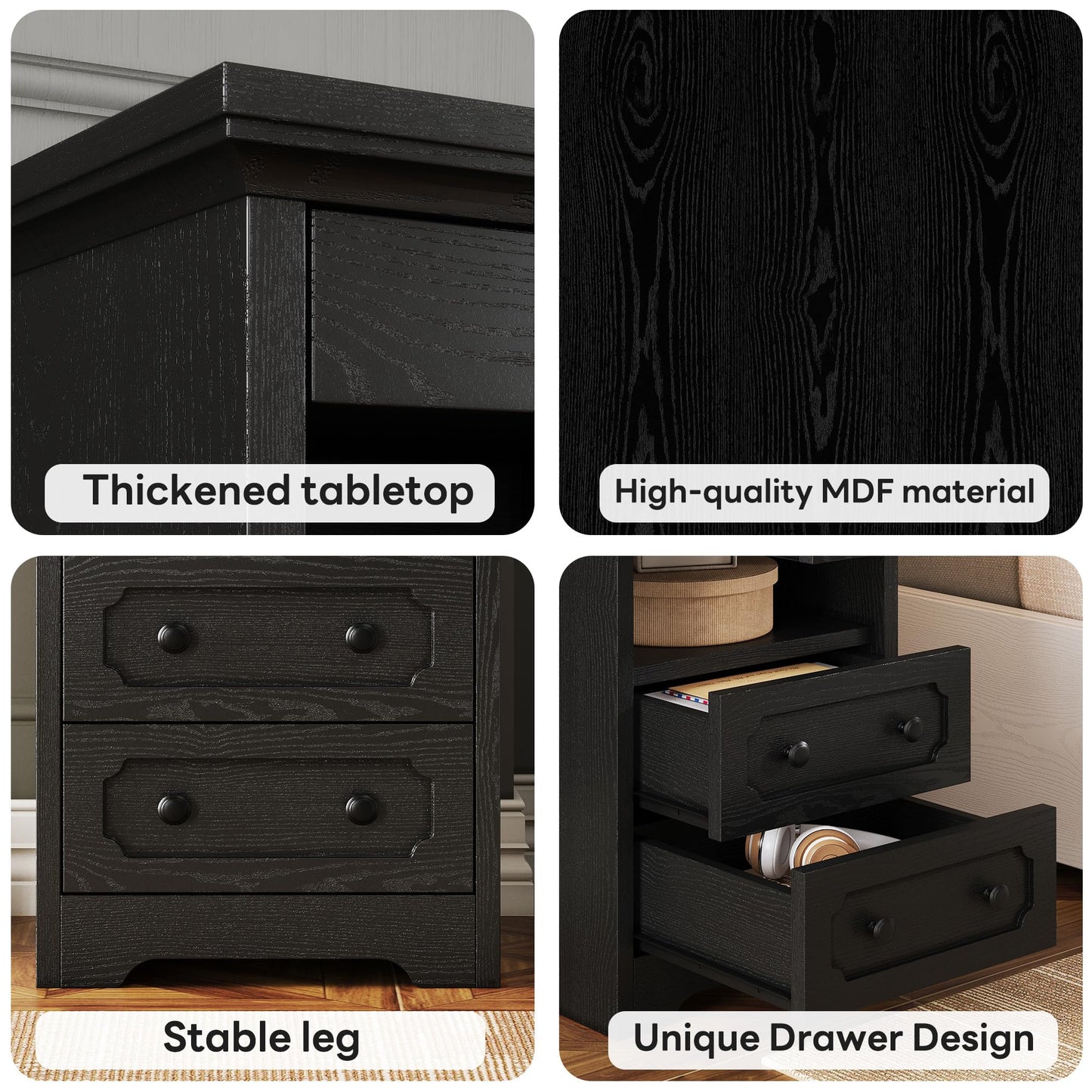 LIKIMIO Night Stand, Modern Bedside Table with 2 Drawers, Open Shelf, End Table with Pull-Out Tray, Wood SideTable, Black