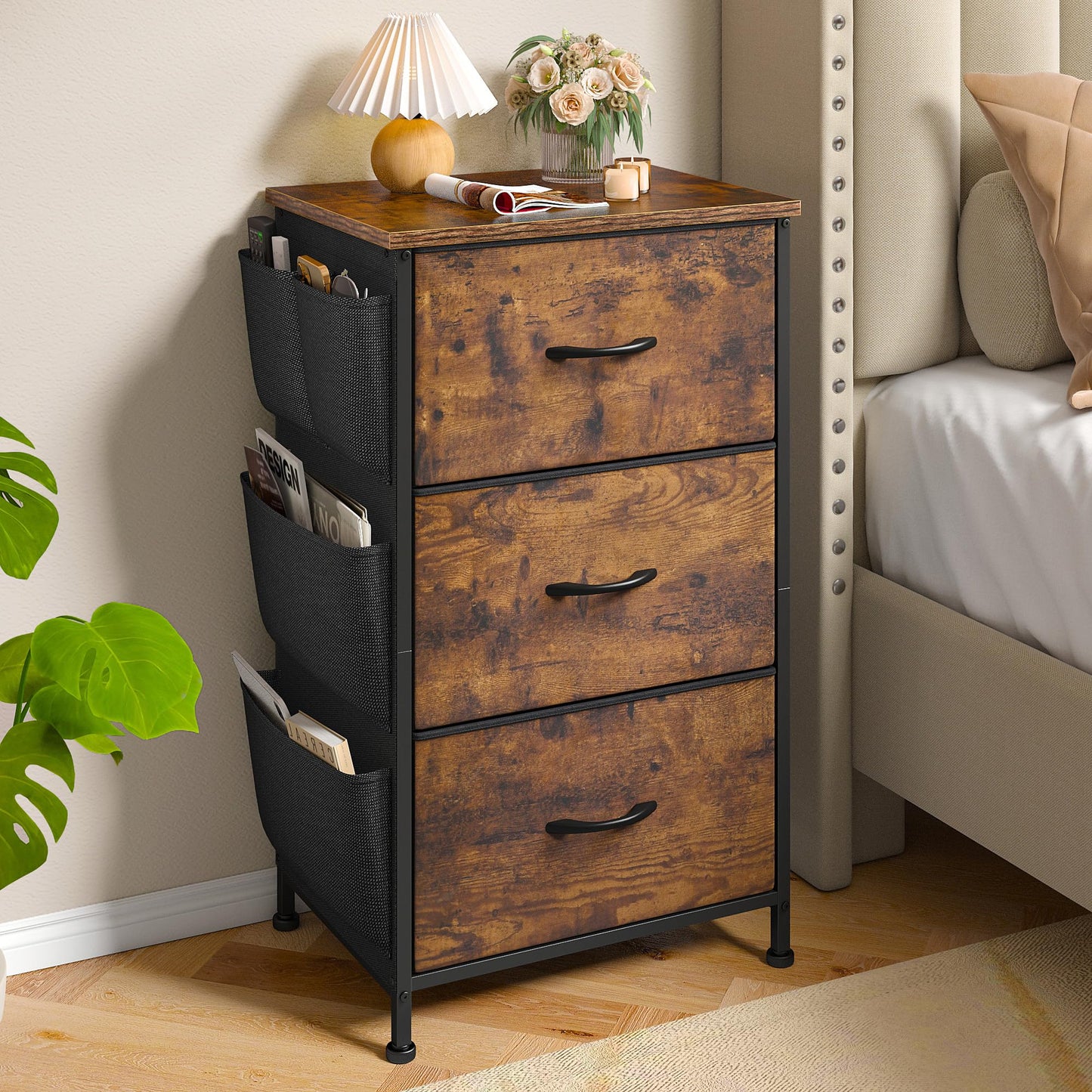 Night Stand Set 2, Night Stand with 3 Drawers for Bedroom, Bedside Table with Wooden Top, Sturdy Steel Frame End Table, Small Dresser for Bedroom, Entryway, Rustic Brown
