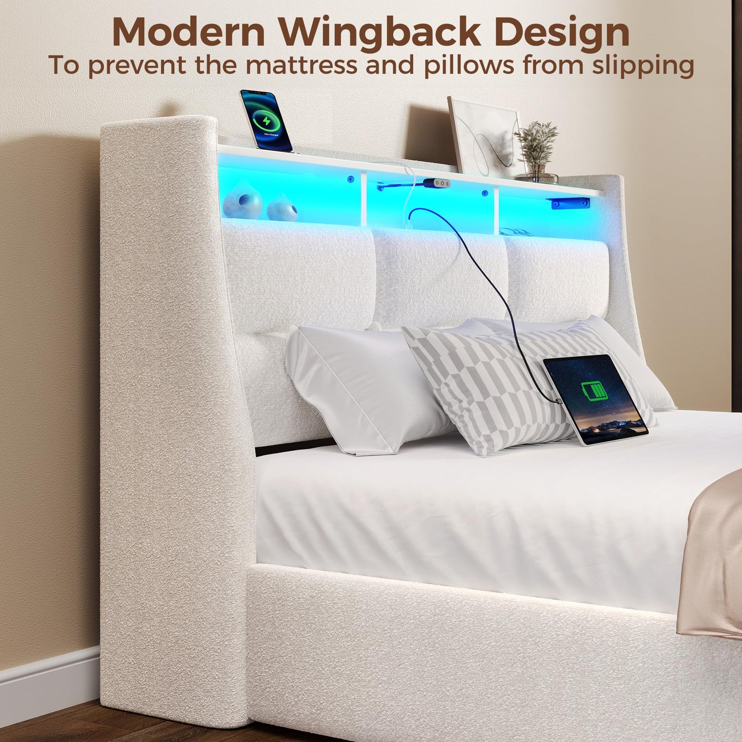 Rolanstar Twin Size Bed Frame with LED Lights and Charging Station, Upholstered Bed Storage Headboard & Drawers, Heavy Duty Wood Slats, Easy Assembly, White