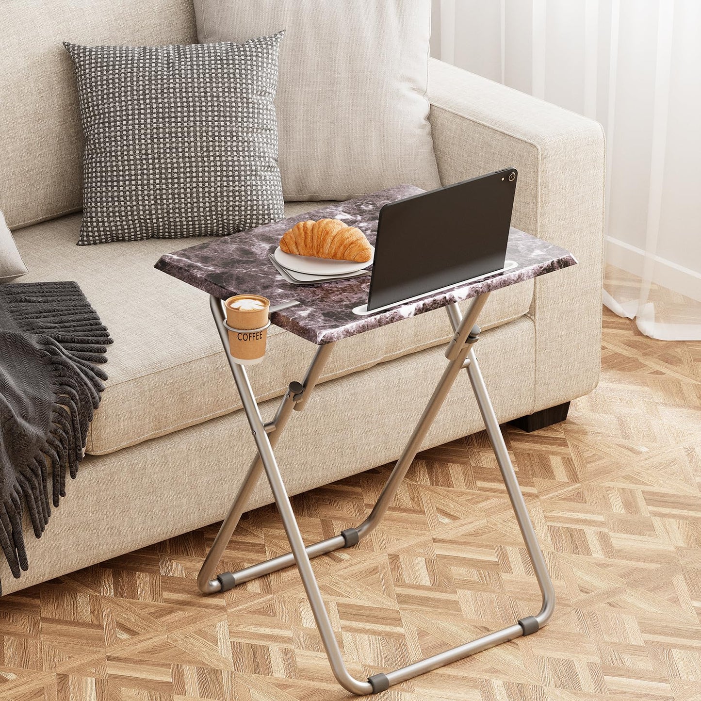 Fleecy day Folding TV Tray Table with Cup Holder, TV Dinner Table with Sturdy MDF Top, Eating Trays with Tablet Slot for Living Room, Bedroom, Sofa, 15 x 18.9 x 25.6 in (Black Marble, 2Pcs)