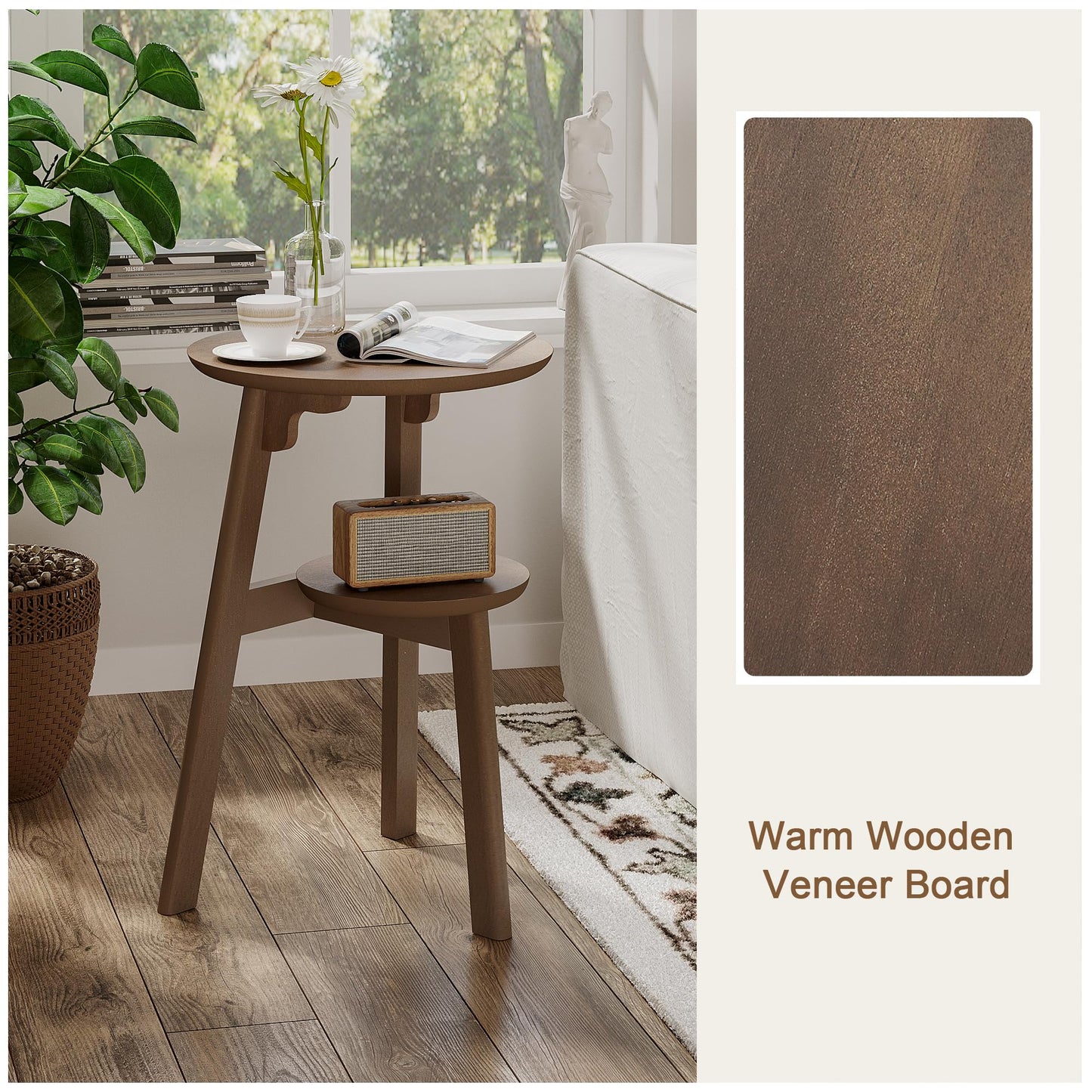 ChooChoo Round End Table for Small Spaces, Narrow Side Table, Accent Table Night Stand with 2 Tier Shelf for Bedroom and Living Room, Walnut
